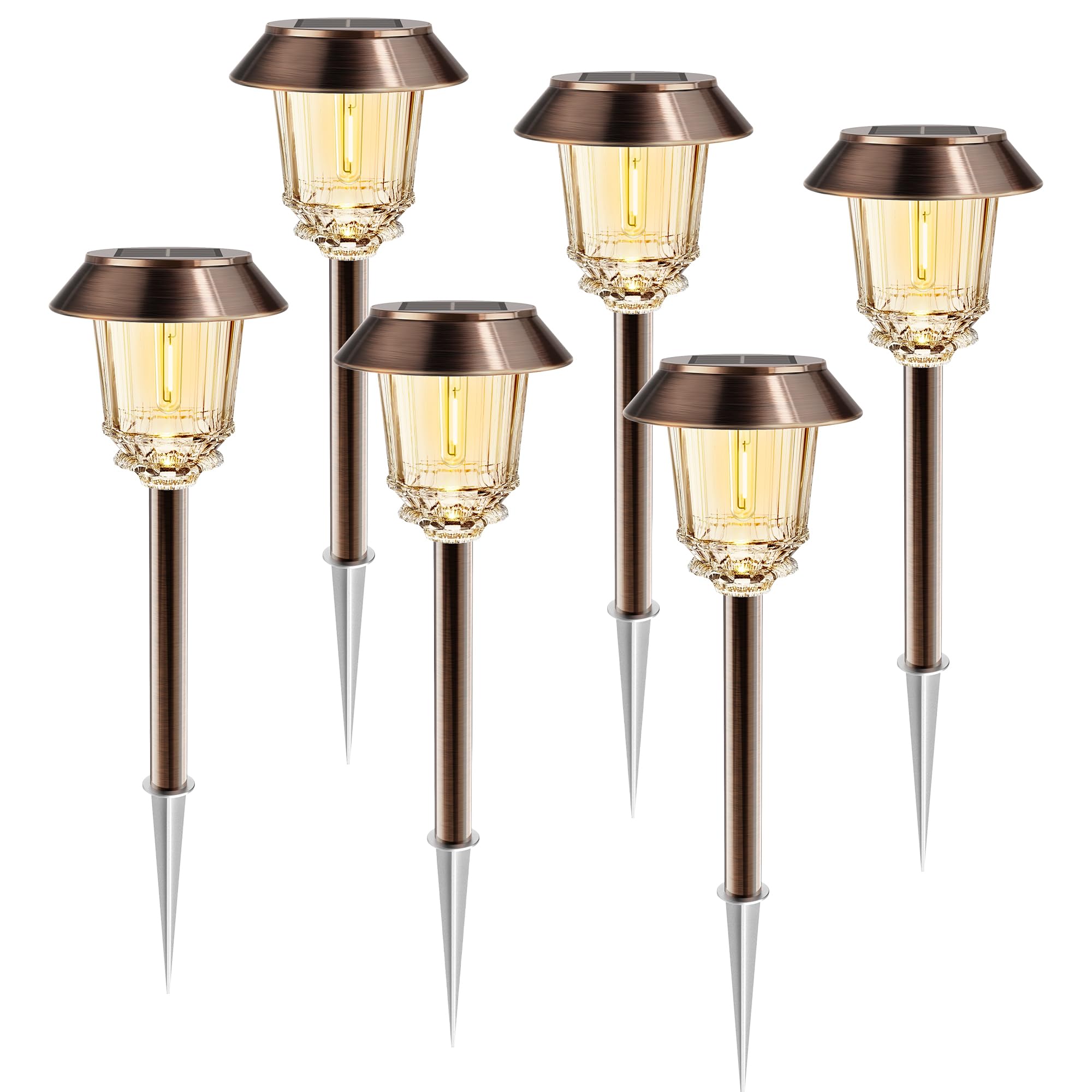 HMDecor Solar Lights Outdoor Waterproof 6 Pack Bronze Pathway Lights with 10-40 LM Dimmable Glass and Metal  Solar Powered Garden Fall Decor for Yard Patio Pathway Driveway(Warm White)