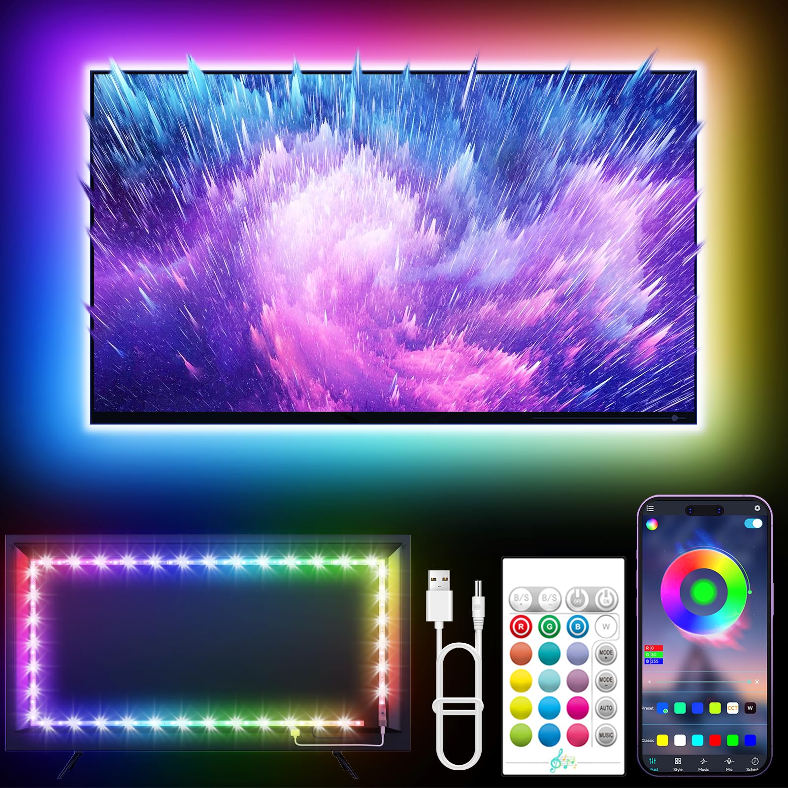 KANTUTOE LED TV Lights, 16.4ft RGB Backlight, Music Sync, Remote Control, USB Powered for 45"-75" TVs, Multicolor, Model SSG-104