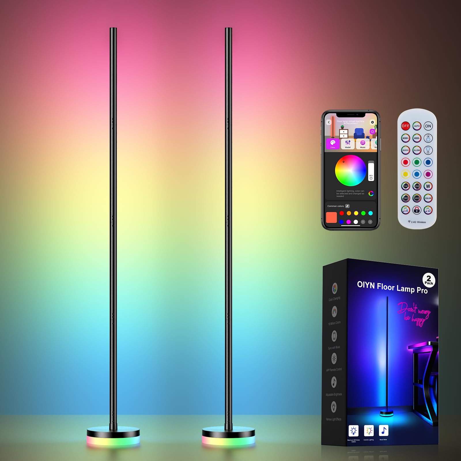 OIYN Corner Floor Lamp 2 Pack,RGBICW LED Corner Lamp with 1300lm Smart Modern Floor Lamp,App & Remote Control,Music Sync,Color C