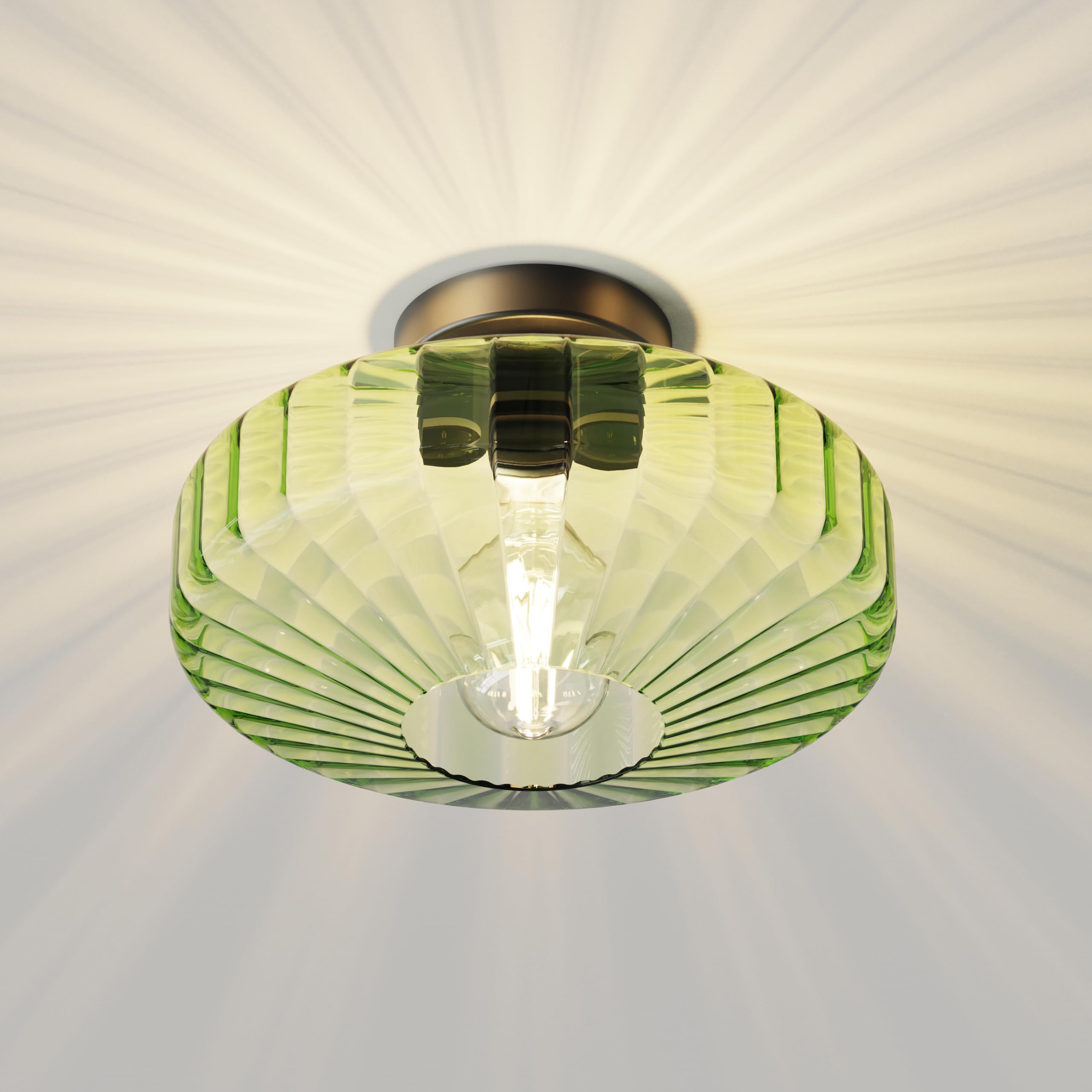 FCTWAKS Semi Flush Mount Ceiling Light, 11.8" Green Glass Shade, Mid Century Modern Design for Bedroom, Entryway, Foyer - Model XDD-DrumAmberGlass