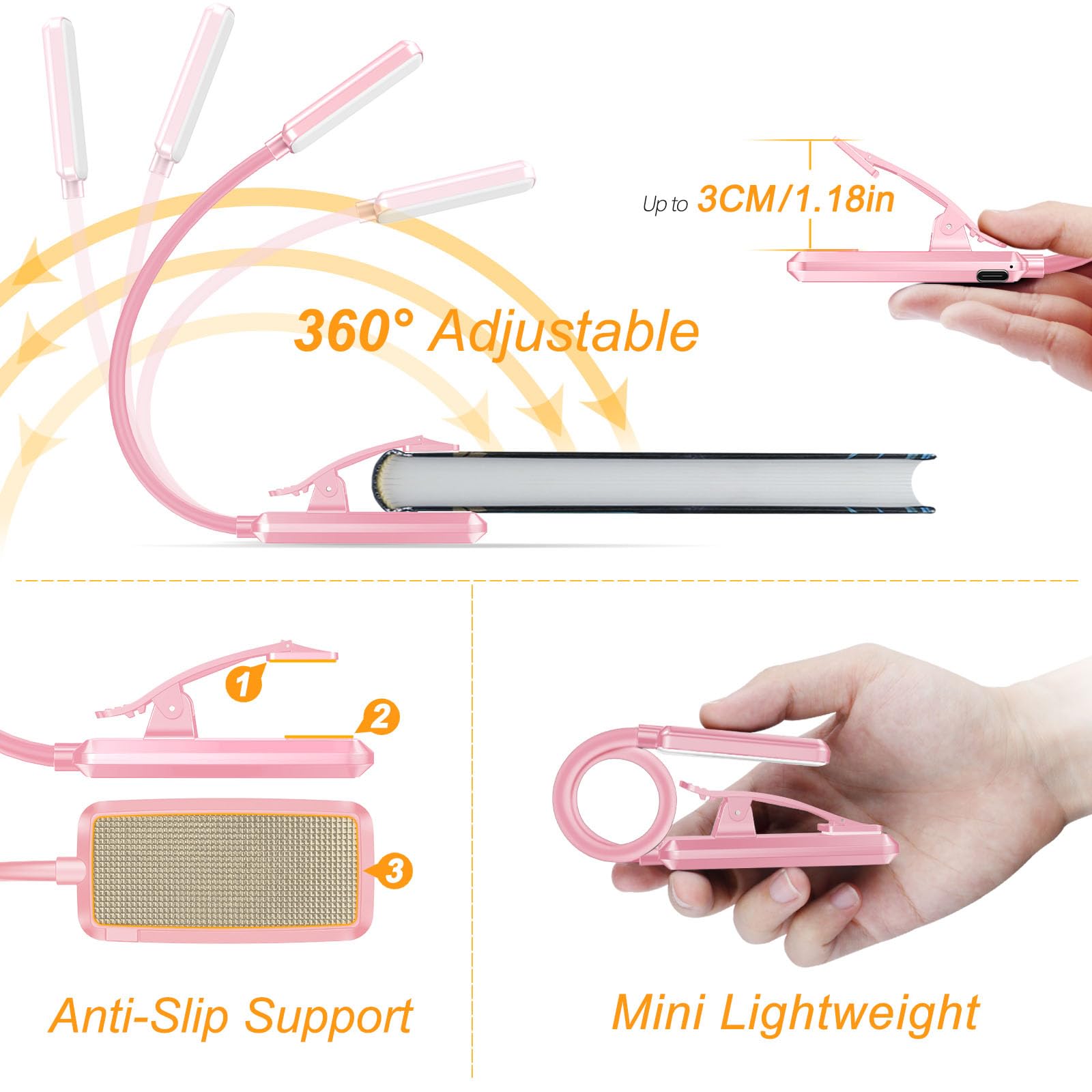 Gritin Rechargeable Book Light - 9 LED, 3 Color Temperatures, Stepless Dimming, Clip-On, Pink, Model G1330