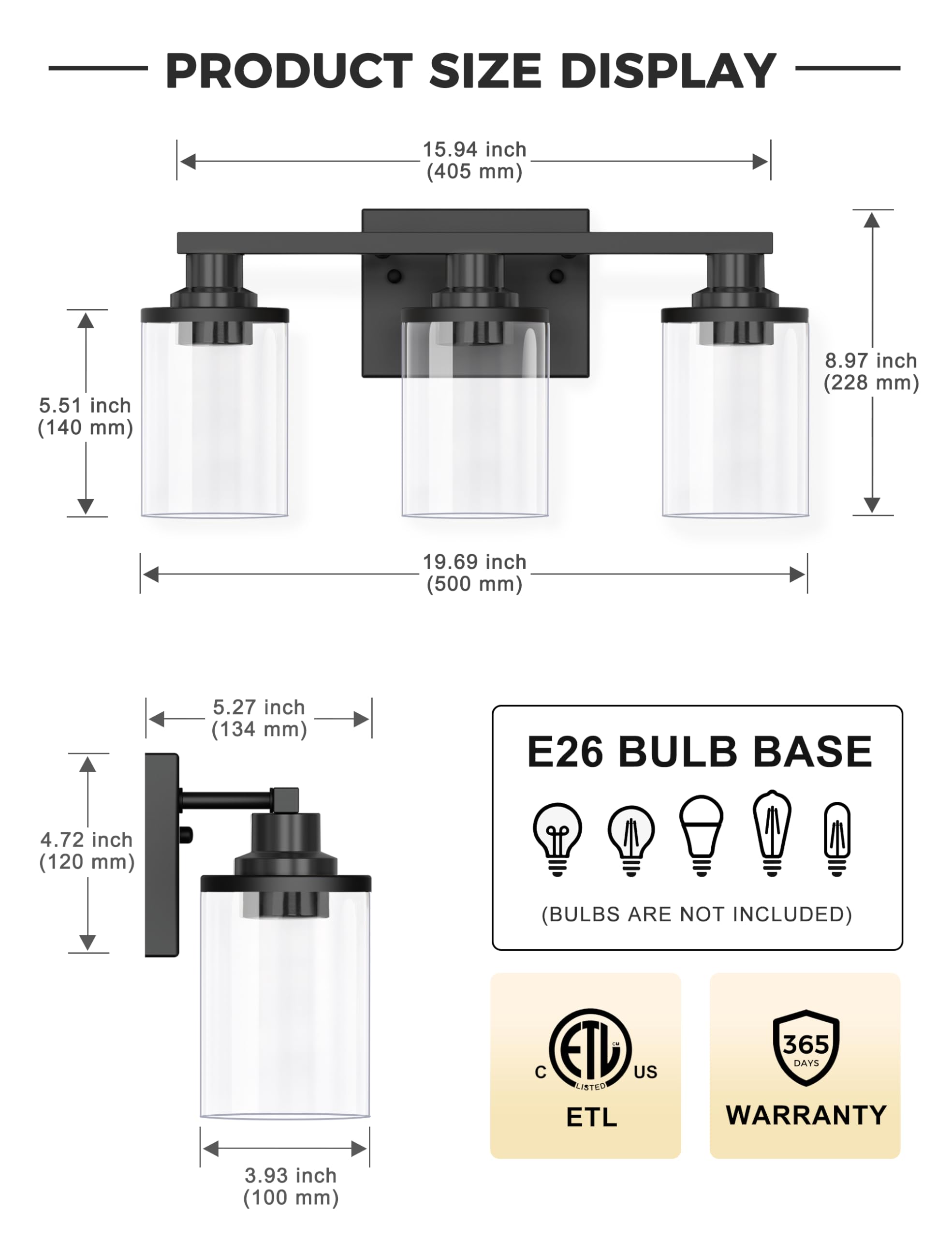 L LOHAS LED 3-Light Black Bathroom Light Fixture, Modern Vanity Lighting with Clear Glass Shade