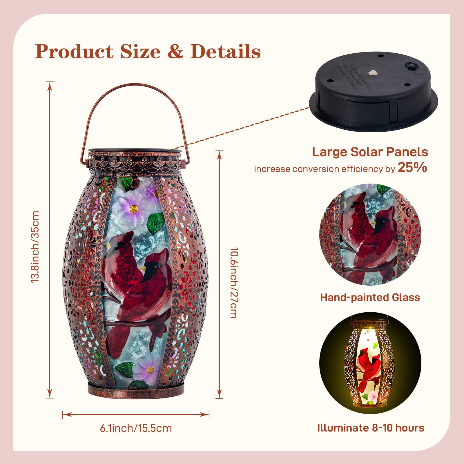 SUNNYGARDEN 13.8 Cardinal Outdoor Solar Lantern - Waterproof Decorative Hanging Light for Patio, Garden, Yard, and Pathway - 1 Pack