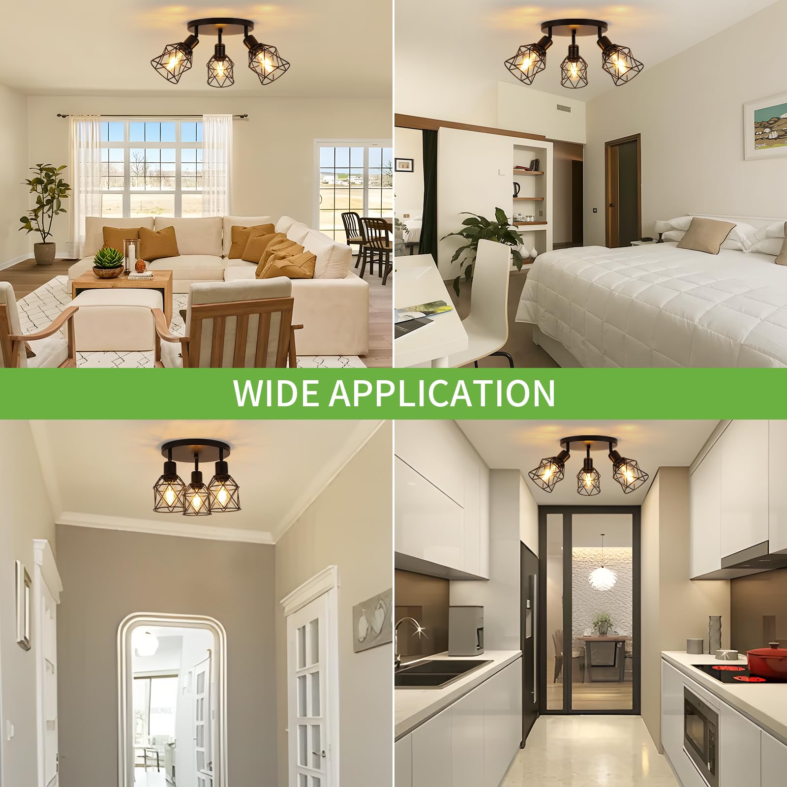 Wilon Kitchen Light Fixtures Ceiling Mount, Black Ceiling Light Fixtures 3-Light Adjustable Semi Flush Mount Ceiling Light, Multi-Directional Ceiling Lights For Kitchen Hallway Dining Room(E26 Base)