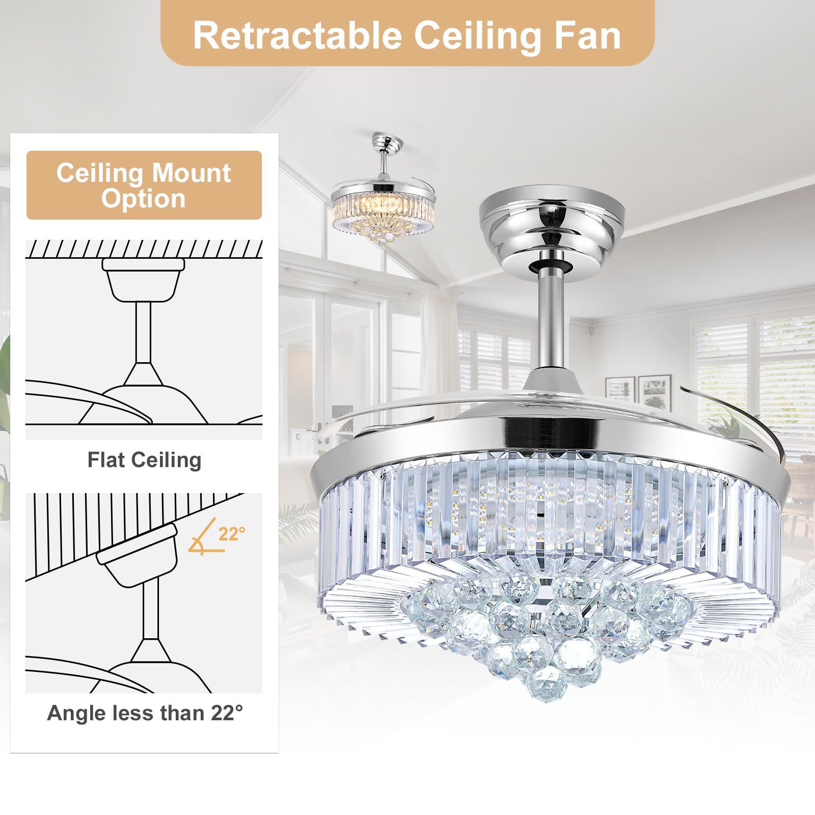 WWahuayuan 48in  Modern Chandelier Ceiling Fan with Timer, Silent Motor, Crystal, Remote Control, Silver, Model HYGX02SL-48