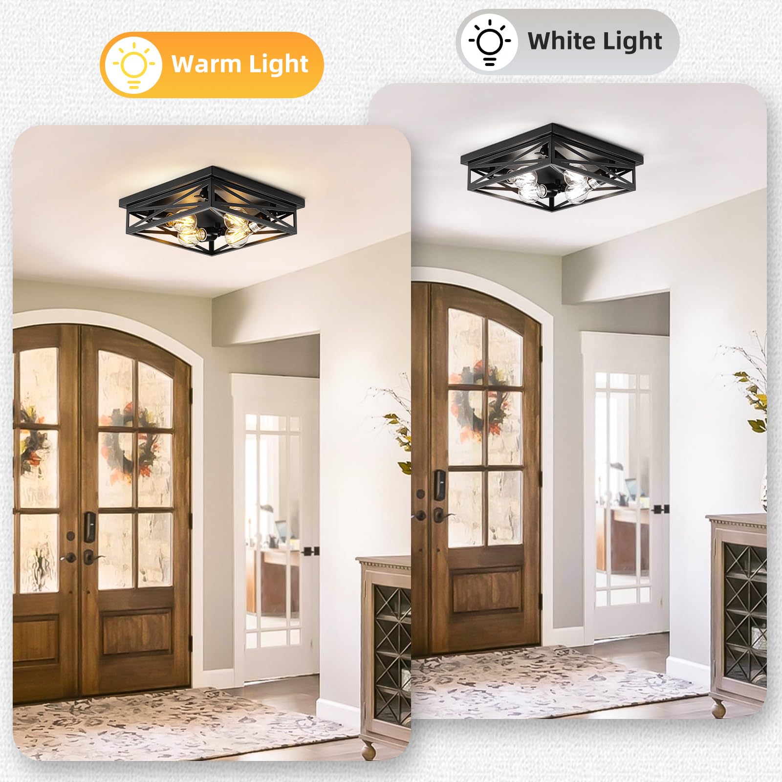 2 Pack Flush Mount Ceiling Light Fixture, Black Hallway Light, Metal Cage Closed To Ceiling Mounted Lights, 4-Light Farmhouse Fl