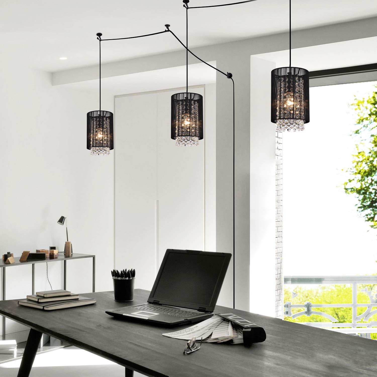 LaLuLa Mini Chandelier, Black Metal and Crystal, 5.9in Easy to Install Light for Bedroom, Nursery, Bathroom, Office