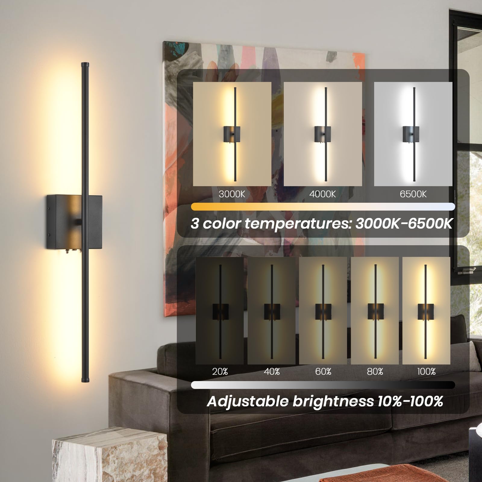 KELUOLY Battery Operated Wall Sconce, LED Rechargeable, 350° Rotate, 3 Color Temperatures, 1 Pack, Black, Model XY-Y3128-H70-