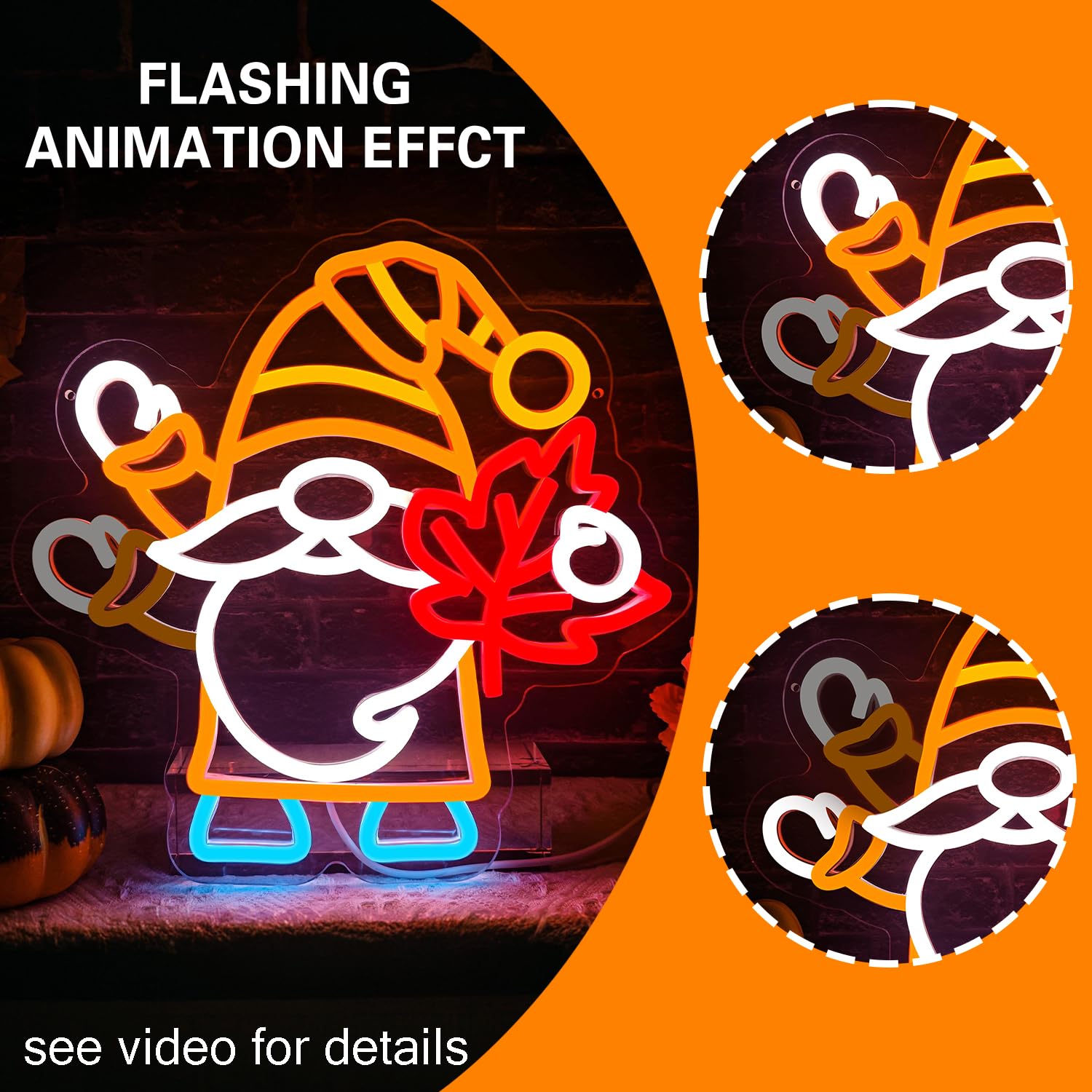 Flashing Gnomes Neon Sign Dimmable For Thanksgiving Neon Sign For Wall Decor Maple Leaf Neon Light For Hello Fall Led Sign Thanksgiving Bedroom Kids Room Bar Club Decoration Gift.