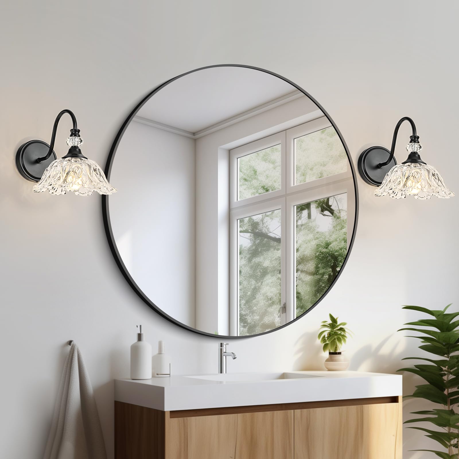 Sunkryster 1 Piece Black Wall Sconce With Floral Clear Glass Shade  Black Farmhouse Wall Mount Lighting For Bathroom Vintage Bathroom Vanity Light Fixture