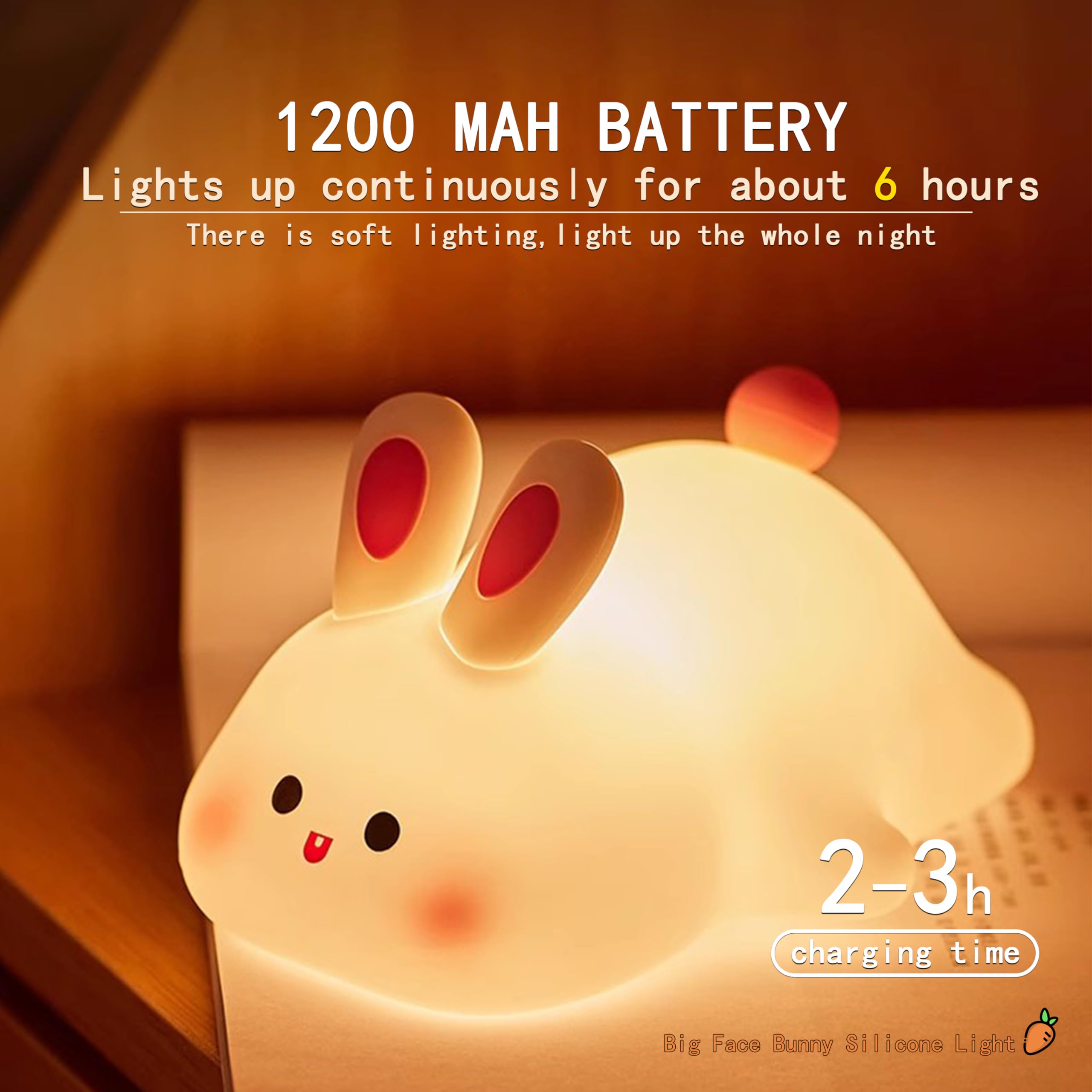 Big Face Rabbit Night Light For Kids Room, The Rechargeable Touch Lamp Is 3 Levels Brightness, Bunny Toys For Bedroom With Warm White Light, Christmas Easter Decorations Gifts For Women Girls Boys