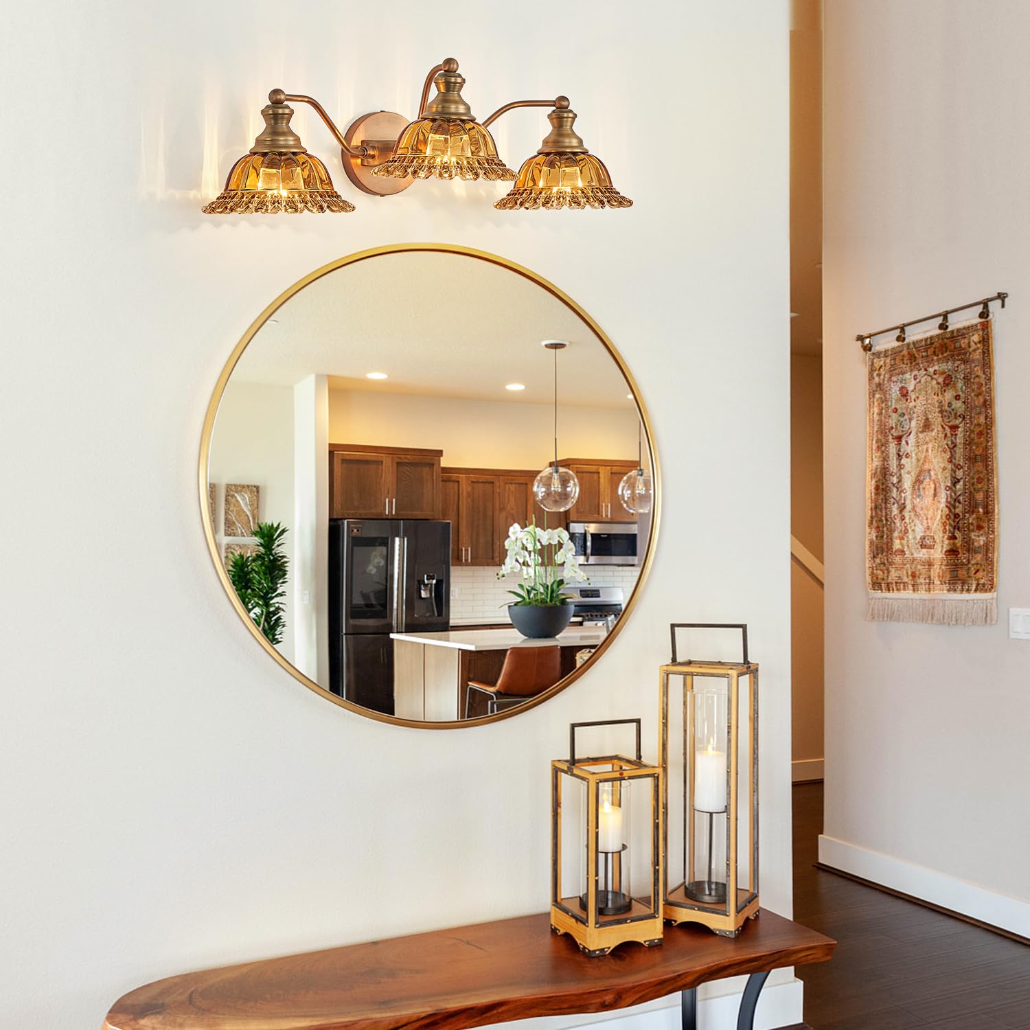 XIEDUN 3 Light Vanity Fixture - Brass and Tea Colored Glass, Metal, Model W338-3SC