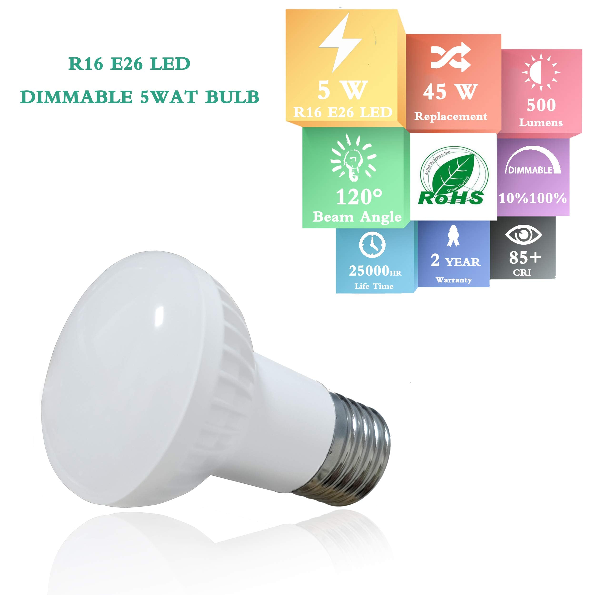 Ymzm R16 Led Flood Light Bulb,40W Equivalent Incandescent Lighting,5W E26 Base Indoor Lighting,(5000K Daylight White),120Beam An