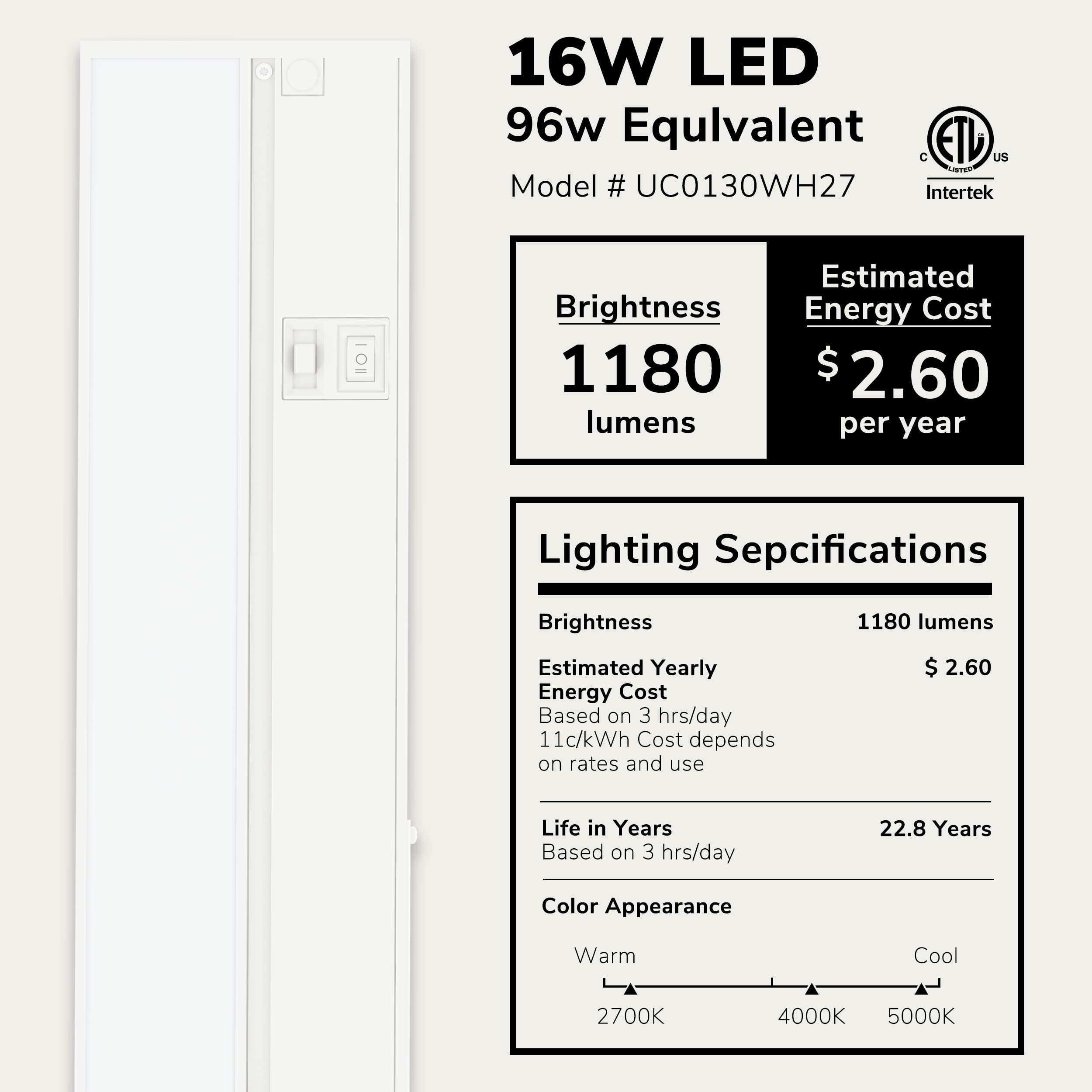 Lagom 30'' Direct Wire Dimmable Led Under Cabinet Lights, Selectable 2700K/4000K/5000K, Selectable Brightness, White Finish, Uc0