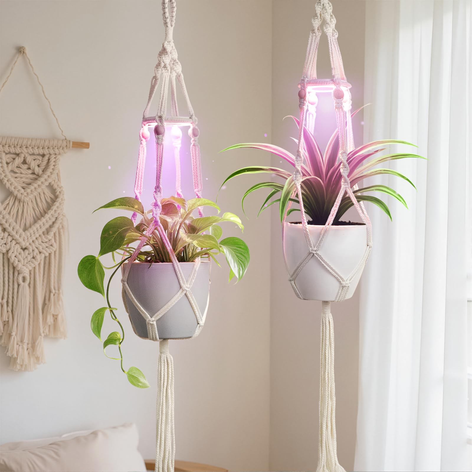 MSFON Macrame Plant Hanger with Grow Light: 2 Pack Boho Hanging Planters with Light for Indoor Plants  Ideal for Apartments  Small Spaces  Low-Light Rooms (GrowPro Spectrum)