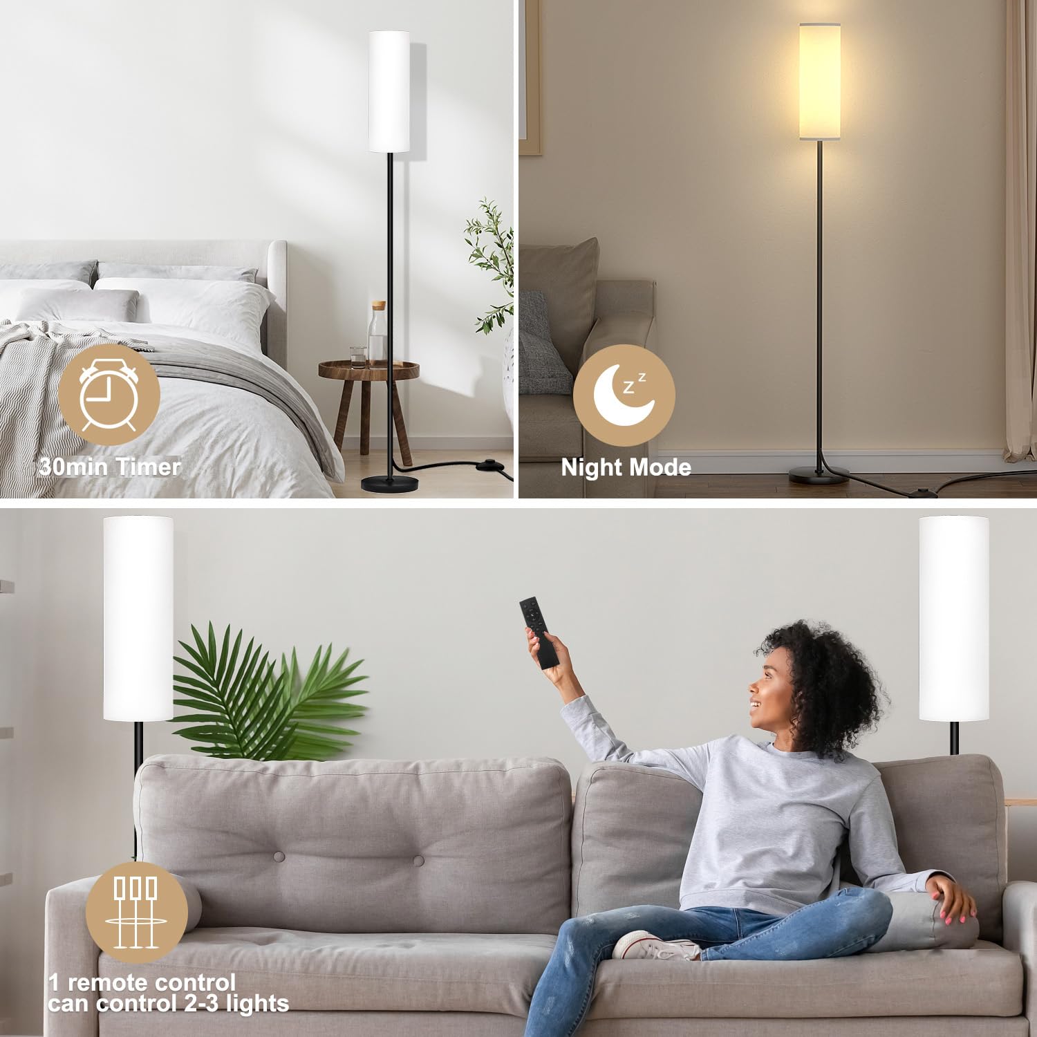 Qaubauyt Modern Led Floor Lamp With Remote, Dimmable Colors & Brightness, 9W Bulb, White