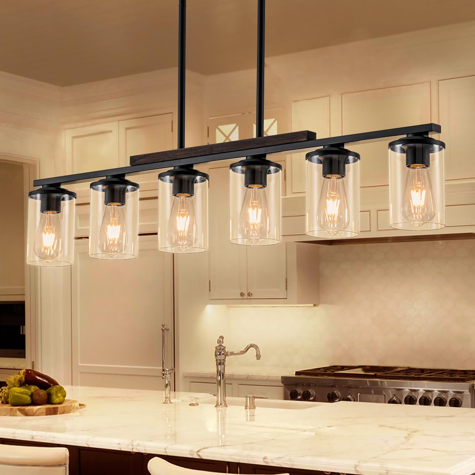 Alynzee Farmhouse Dining Room Light Fixture, 6-Light Kitchen Island Lighting Black and Rustic Wood Chandelier Over Table Adjusta