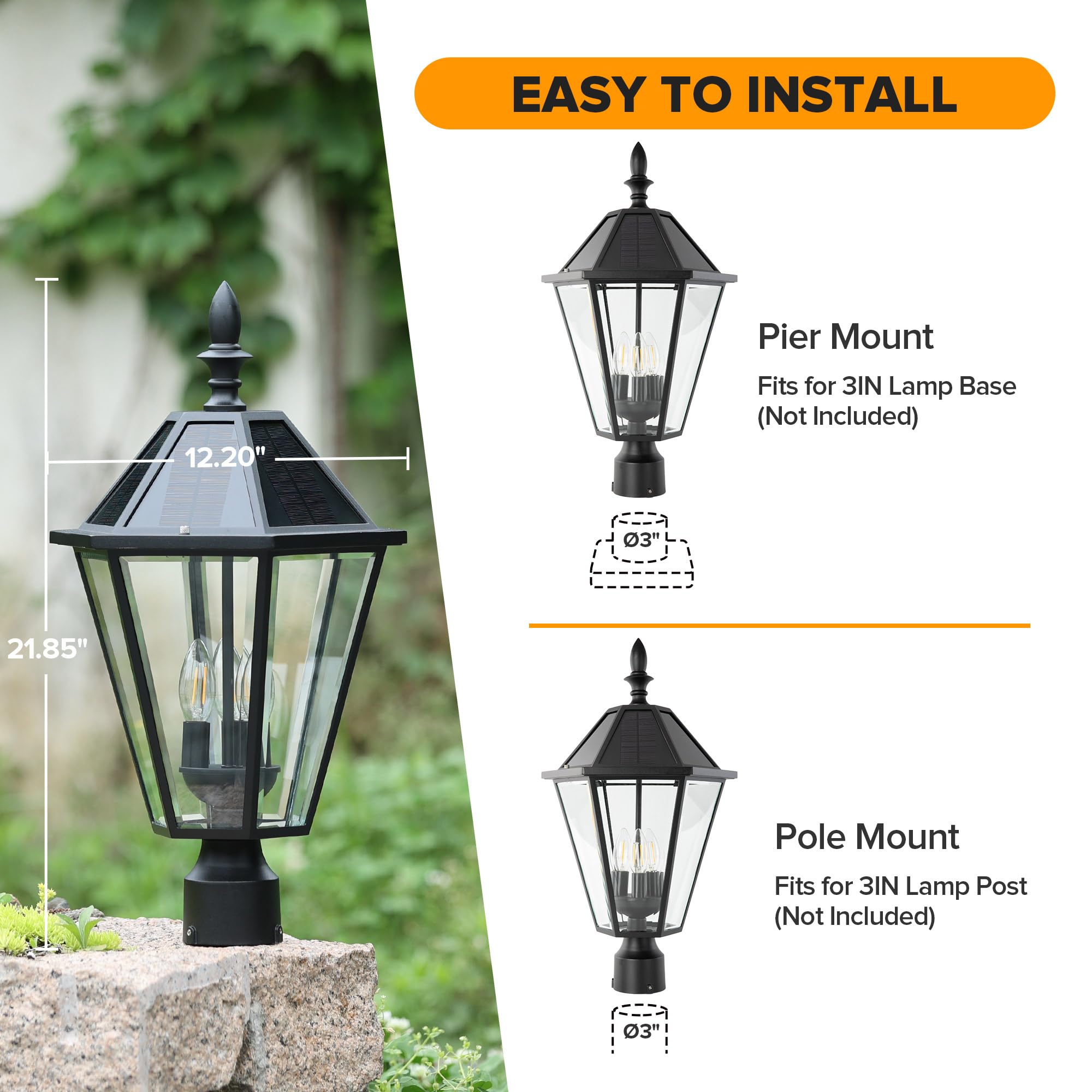 LUTEC LED Solar Post Light - Vintage Black Aluminum Head for Outdoor Lawn, Patio, Yard, Pathway, Garden (Base Not Included)