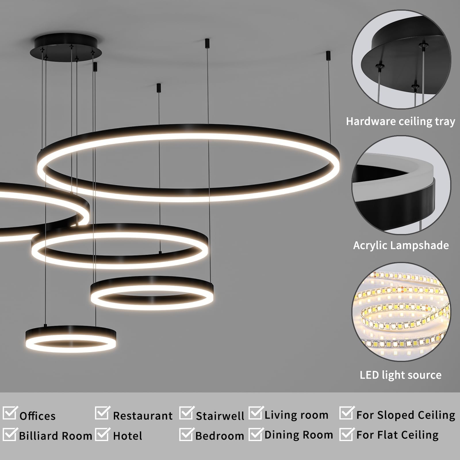 Mikeru Modern LED 5 Ring Chandelier, Remote Control, Adjustable 3000K-6500K, 11.8-39.5IN, Aluminum, A-Black, Model