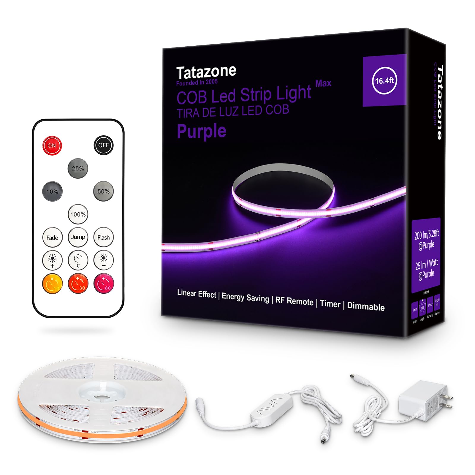 Tatazone 16.4ft Purple COB Led Strip Lights with Remote, Dimmable Bright Dotless Adhesive Indoor Led COB Light Strip for Cabinet