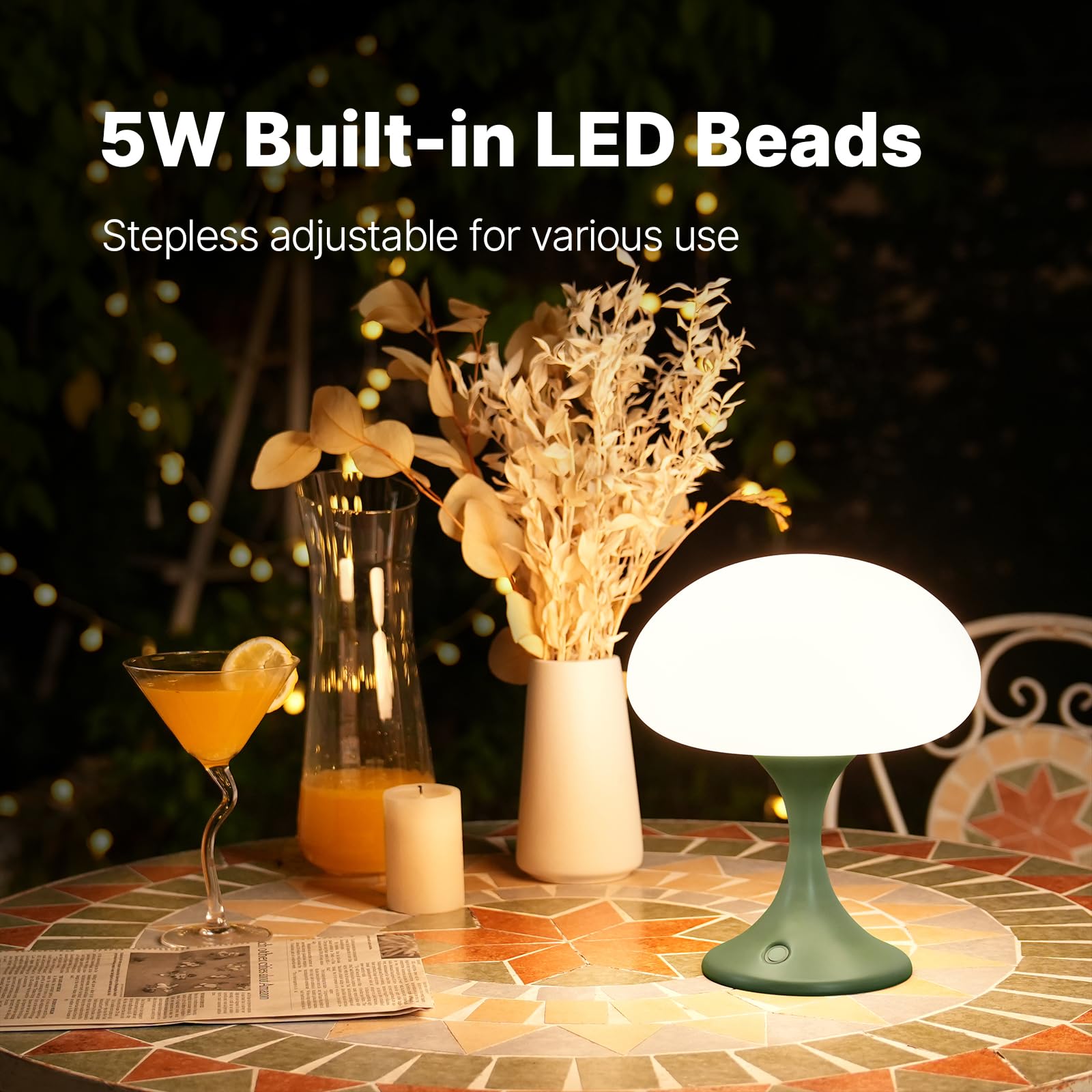 MAGCHARM Mushroom Lamp - 5W LED Cordless Table Lamp, Dimmable Touch Light, Retro Glass Shade, Green, Small Jellyfish Design