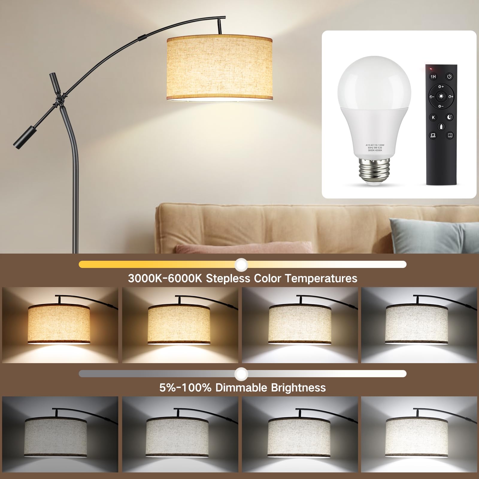 OUTON A19 LED Light Bulb, 9W Dimmable 3000K-6000K, E26 Base, Remote Control, White, 810 LM, Ideal for Living Room