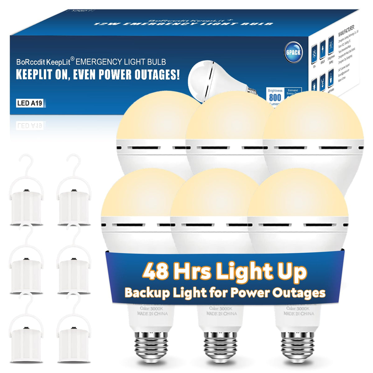 Borccdit Keeplit 6 Pack Emergency Rechargeable Light Bulbs, 48H Long Lasting & 3 Brightness Power Outage Light Bulbs,12W 3000K B