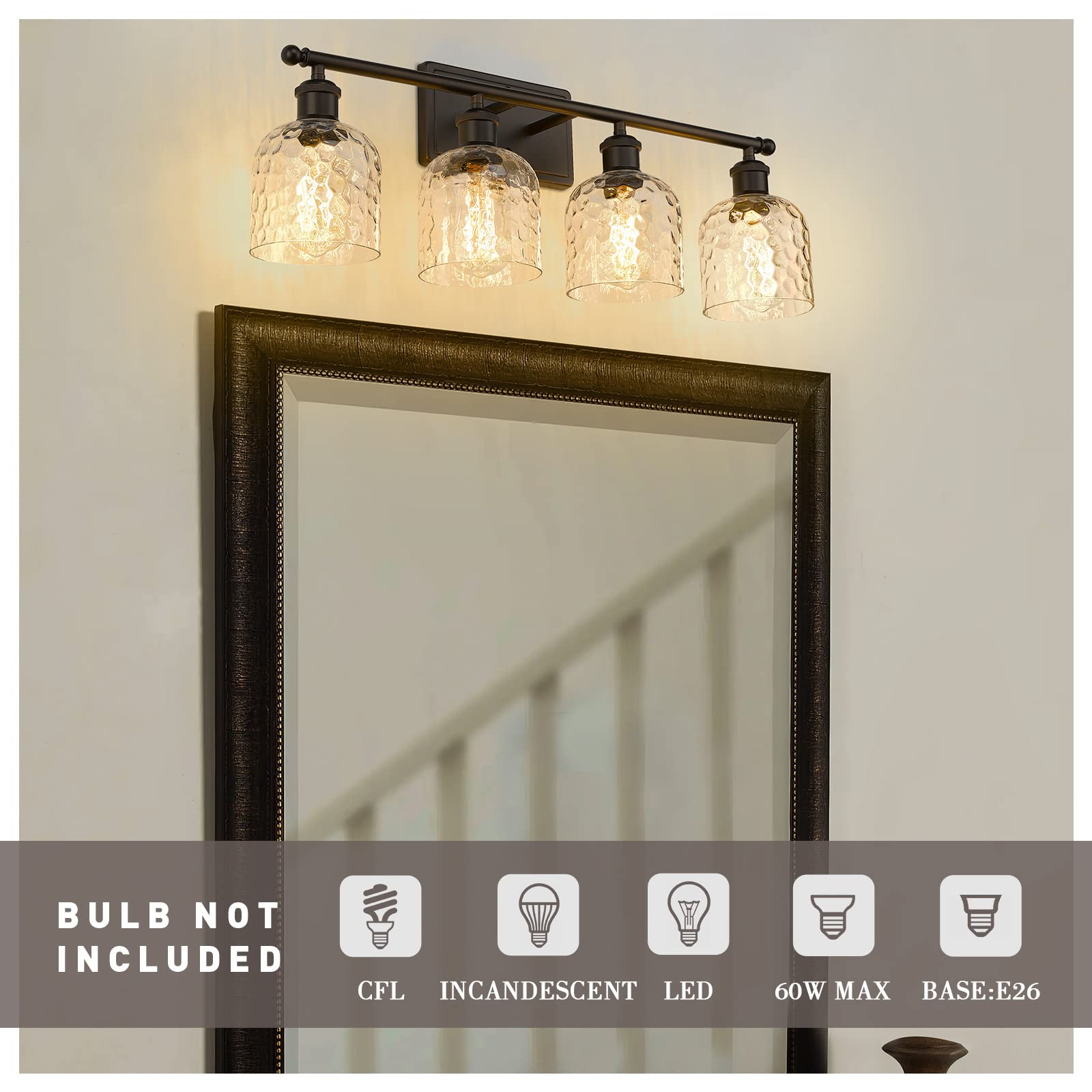 zeyu 4-Light Vintage Bathroom Vanity Fixture, Oil Rubbed Bronze, Clear Hammered Glass, Model ZJF63B-4W ORB