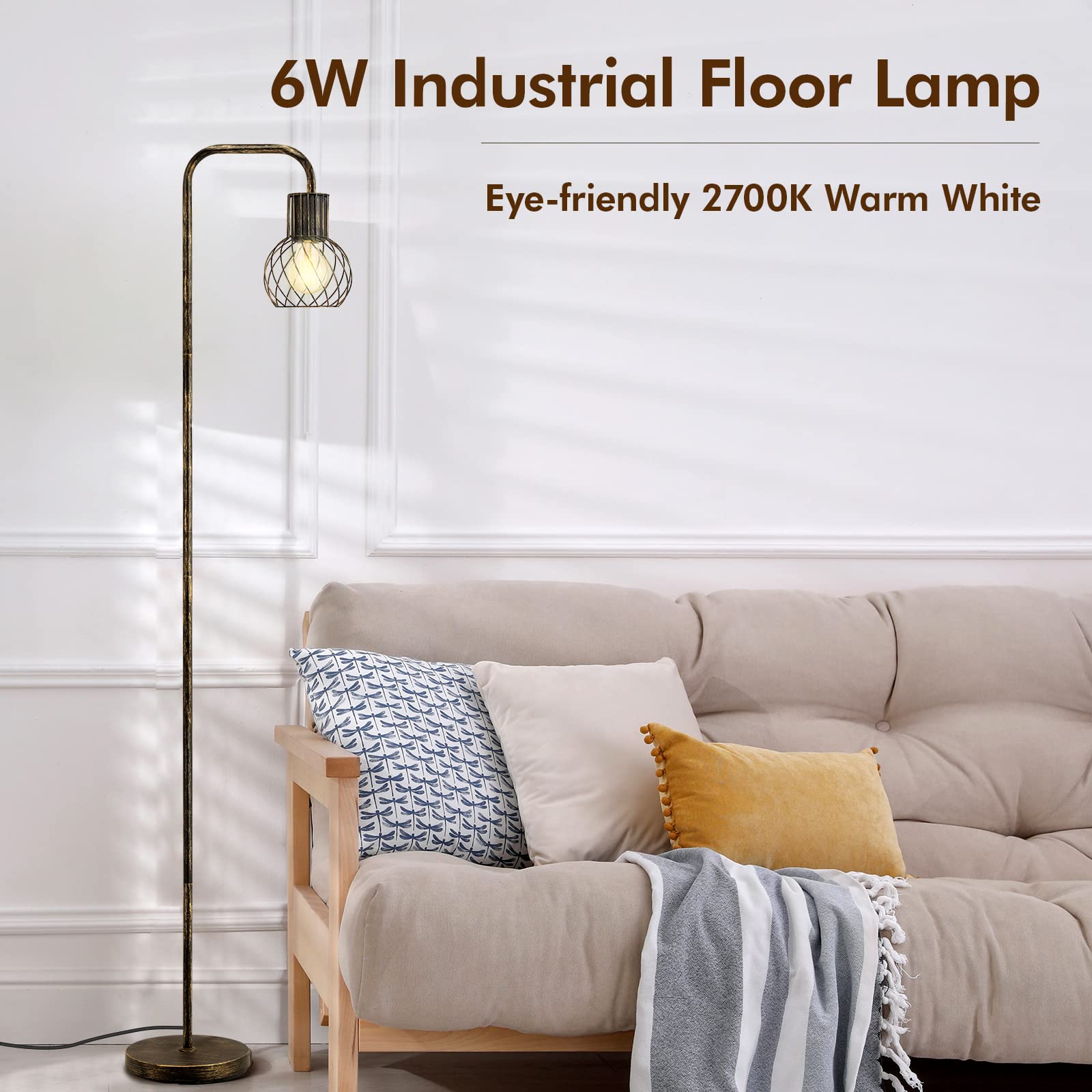 Industrial Floor Lamp, Antique Bronze Standing Lamp Modern With 6W Led Bulb, Foot Switch, Metal Tall Lamps For Living Room, Bedr