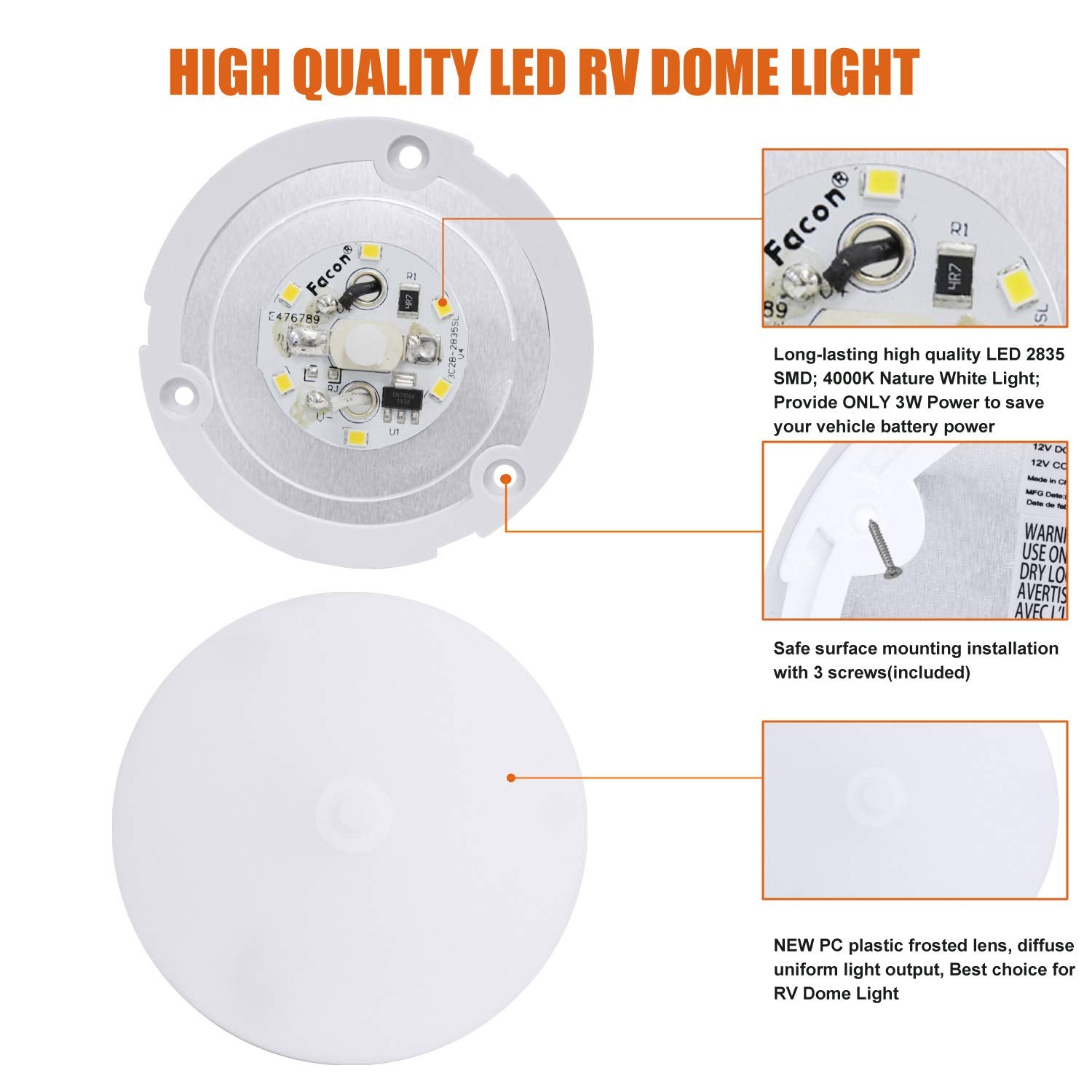 Facon LED RV Puck Light, Super Slim Under Cabinet Light, 3.5 Inch, 2-Pack, 12V DC, Cool White 4000K, Plastic, Surface Mount