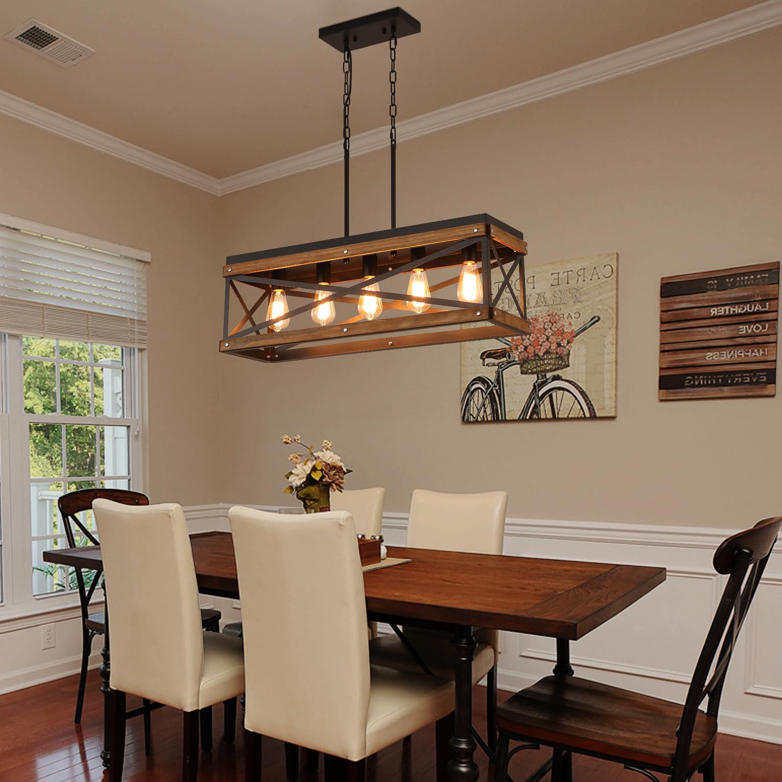 RKUCSR Rustic Farmhouse 5-Light Pendant Chandelier, Adjustable Chain, Black Oak Wood, Large, Model 6713-5 for Kitchen Island or Dining Room