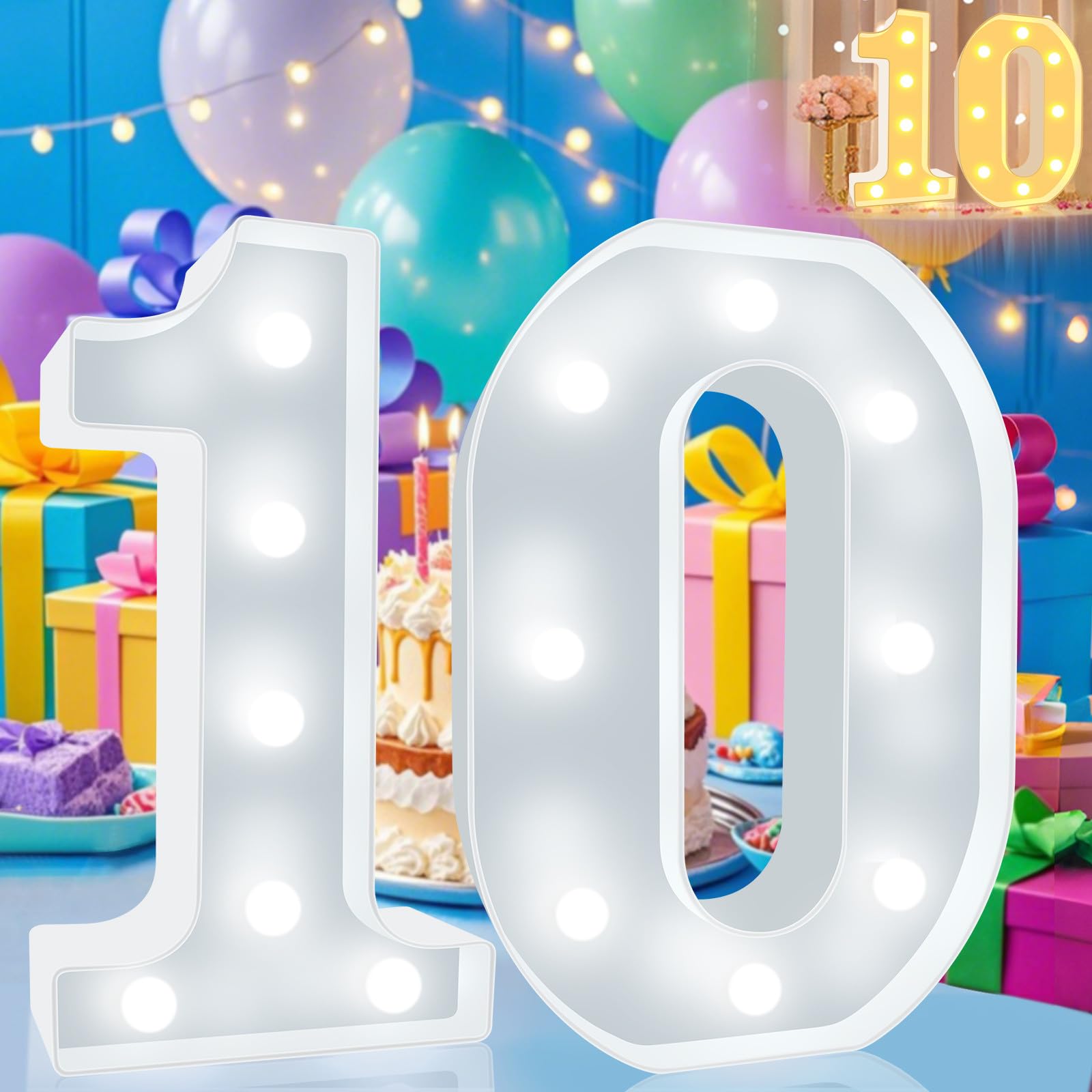 Pooqla LED Number 10 Decoration Sign, Marquee Party Backdrop, Plastic, Cool White & Warm White, Model DENC-BP-01