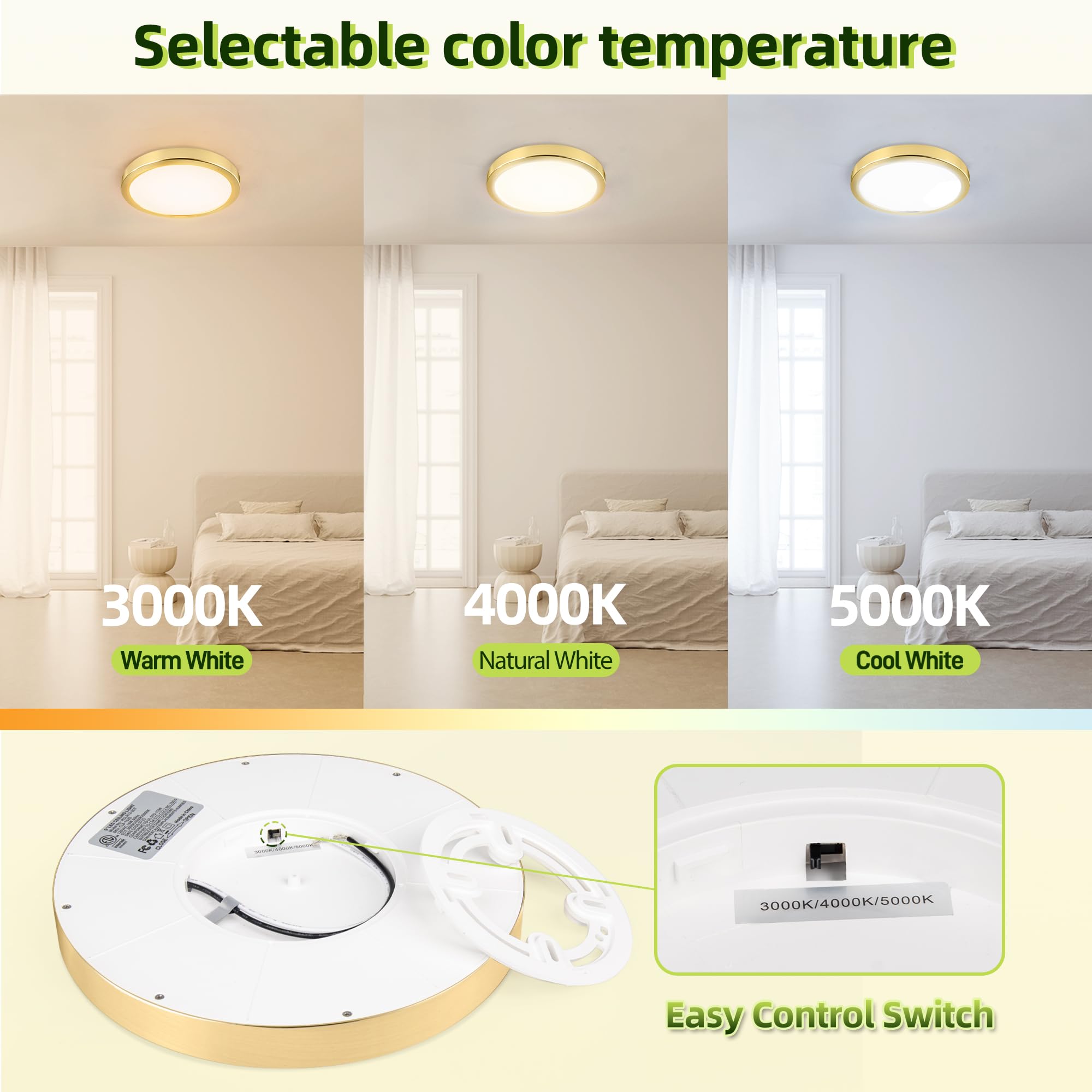 hykolity LED Round Flat Panel Light 9 Inch 18W 1800LM Selectable CCT 3000K/4000K/5000K Gold Model DYXDD230
