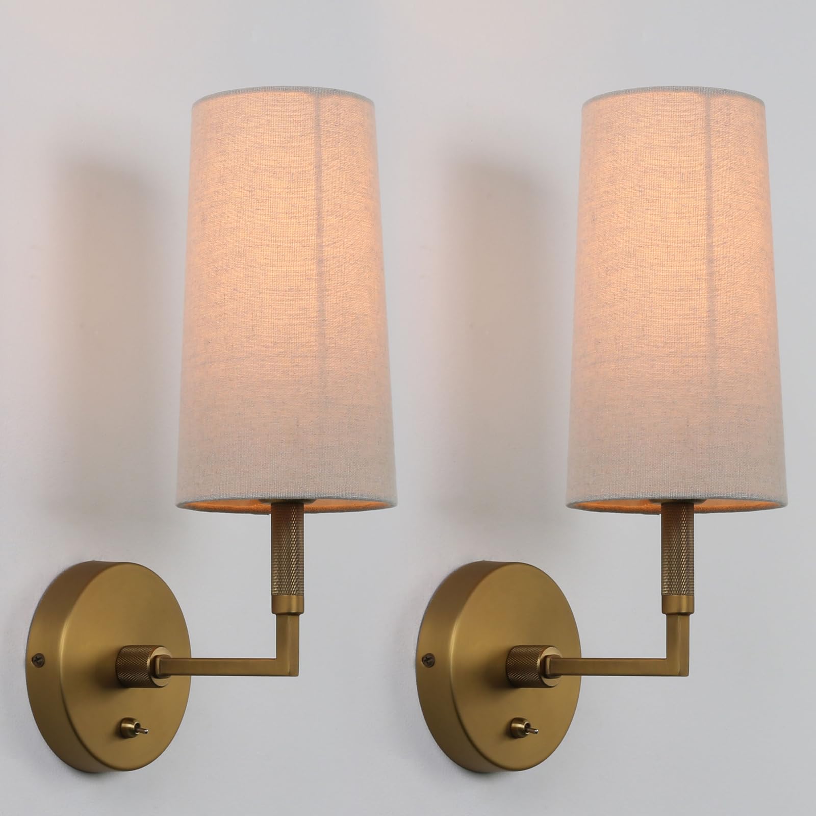 JIMUBEAM Brass Wall Sconces Set of Two  Hardwired Linen Fabric Shade Wall Lamps  Bathroom Vanity Lights Fixture with Switch  Indoor Wall Lights for Bedroom Living Room Corridor