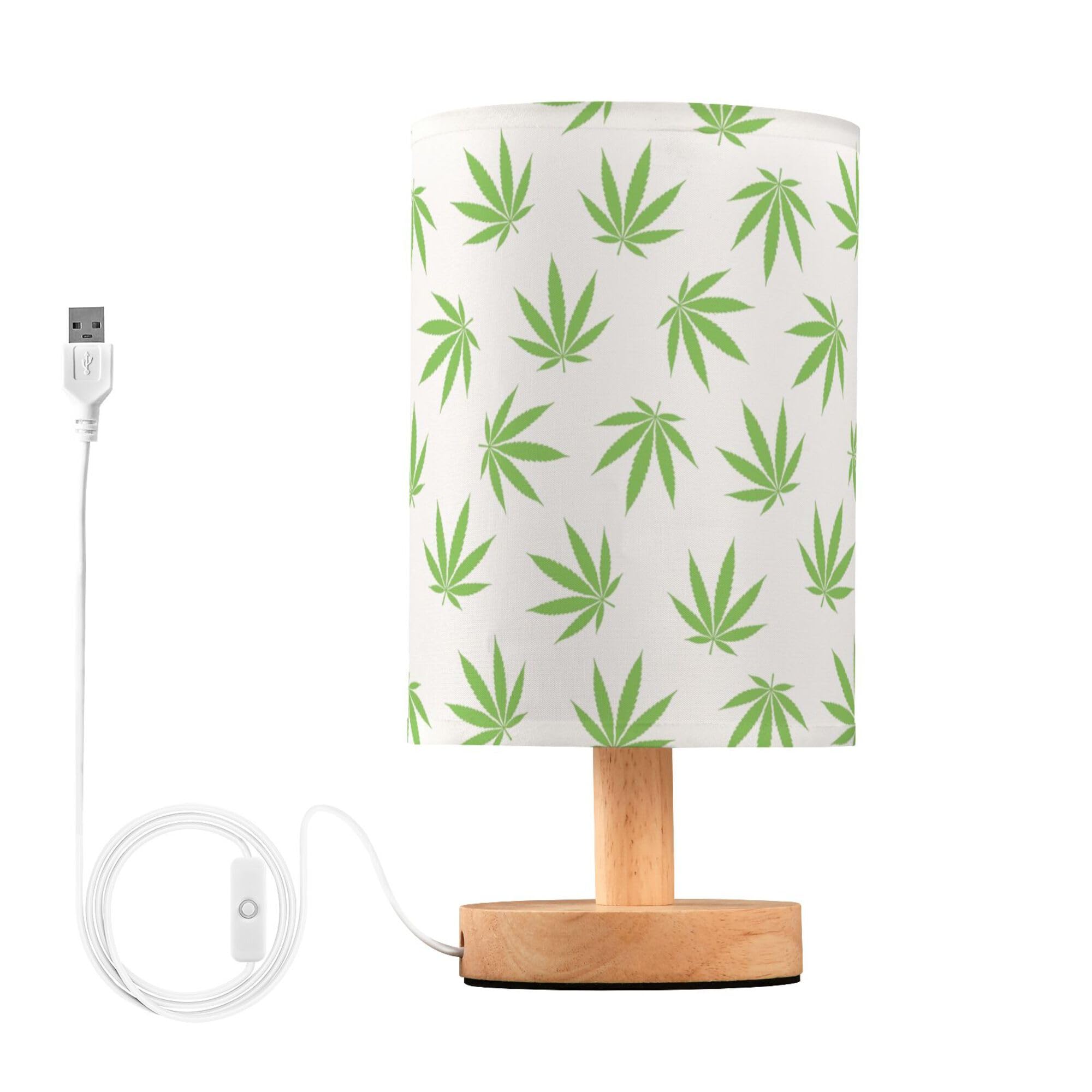 YYZZH Table Lamp Green Marijuana Leaf Cannabis Weed Leaves on White Nightstand Lamp with Wood Base Fabric Lamp Shade Bedside Des