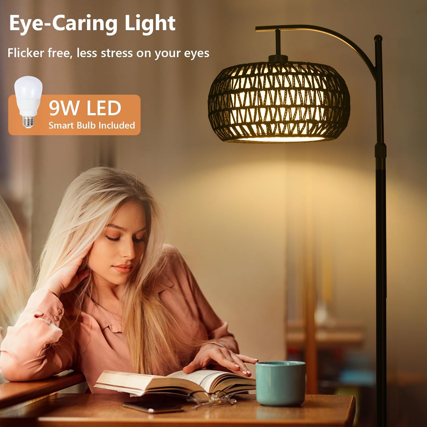 Zecoxol Arc Floor Lamp With 3 Color Temperatures,Black Floor Lamp With Remote Control, Boho Standing Lamp With Rattan Wicker Sha