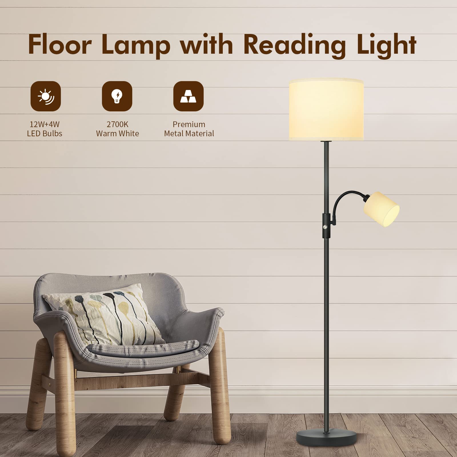 Auquee Floor Lamp Standing Lamp, Modern Living Room Lamp With Reading Lamp, Bright Boho Lamp With White Lamp Shade, 3-Way Rotary