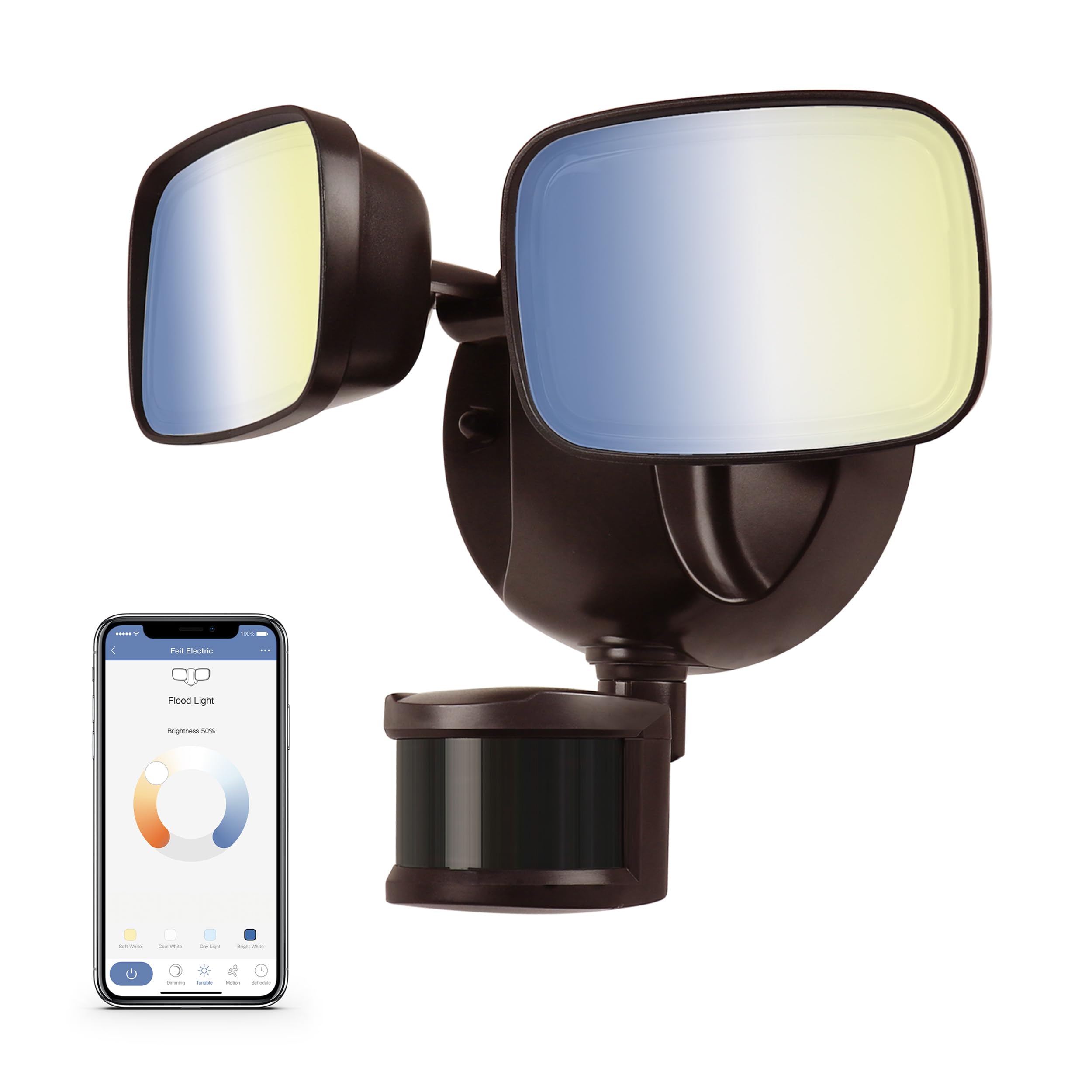 Feit Electric Smart Outdoor Flood Light, 28W LED, Motion Sensor, Dusk to Dawn, 2 Head, Hardwired, Aluminum, Black, Model S9DFL/CCT/MOT