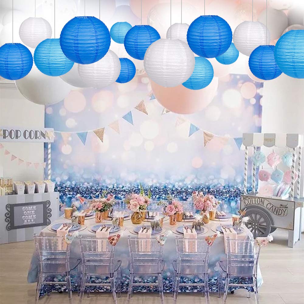 Zilue 24Pcs Hanging Round Paper Lanterns For Wedding Birthday Party Baby Showers Decoration Blue/White