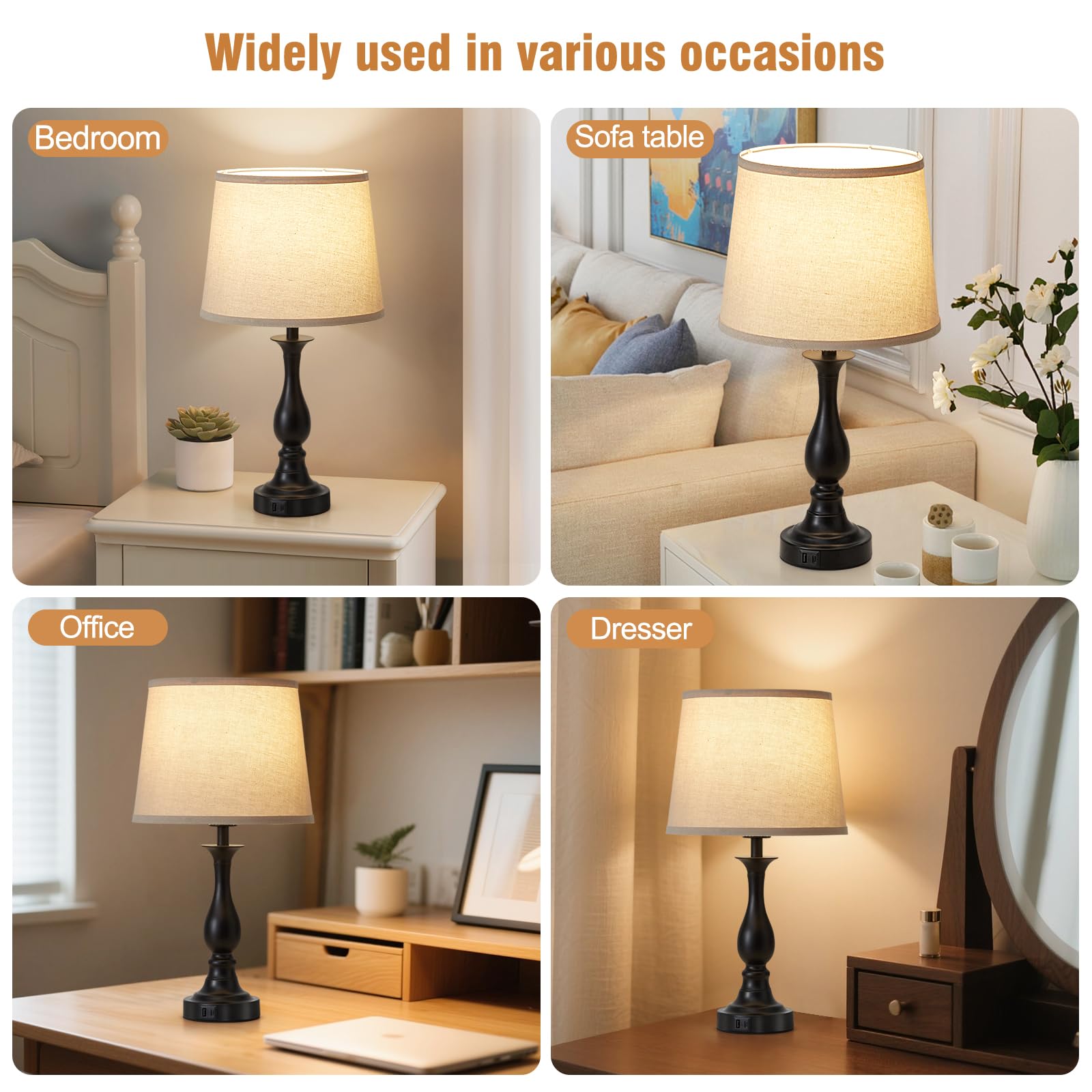 Lauag Black Bedside Table Lamp Set of 2 - Touch Control, 3-Way Dimmable, USB-C & USB-A Charging for Bedroom & Home Office