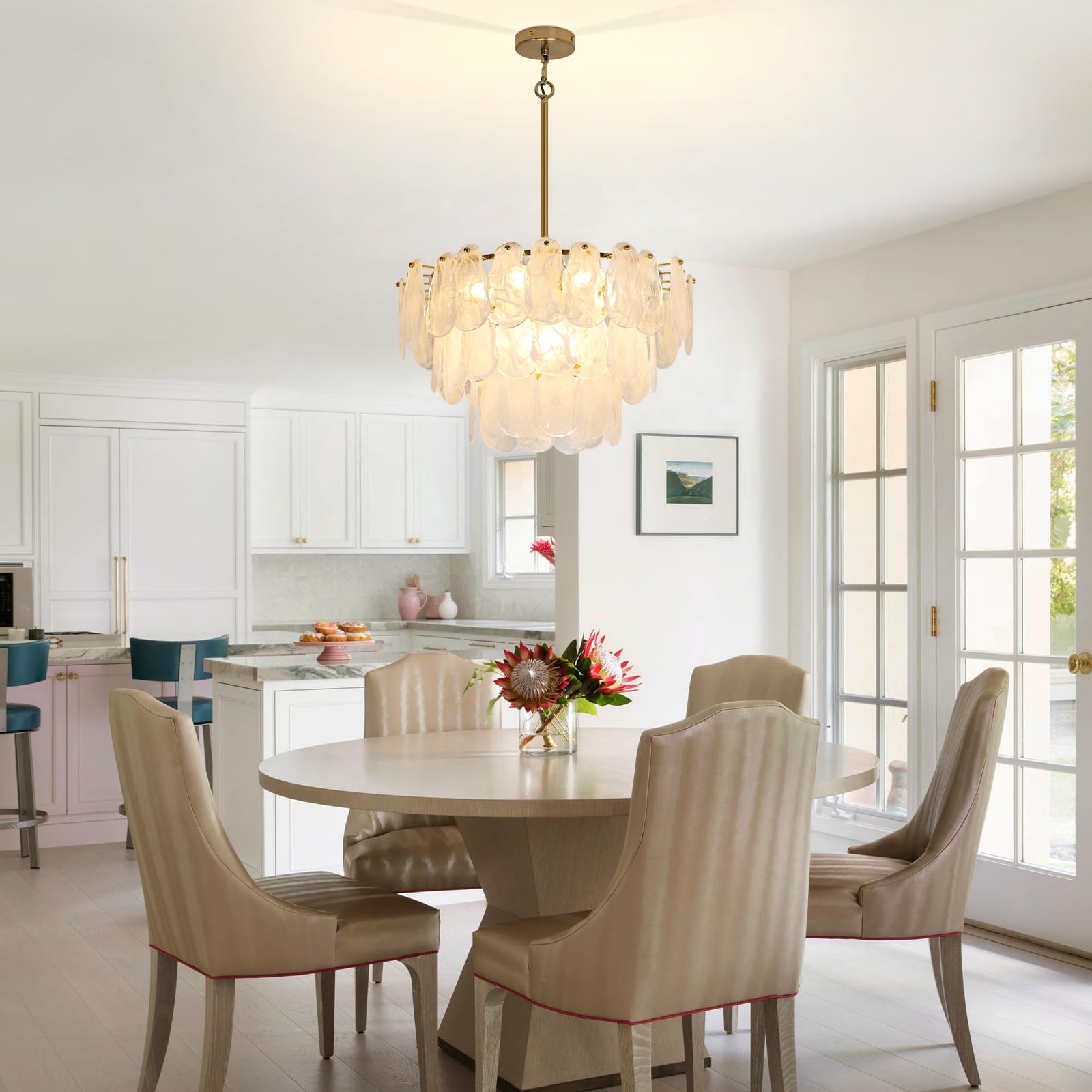 KELUOLY Modern Gold Chandelier, 17.7" Glass Light Fixture, 6-Light Round Ceiling Pendant for Bedroom, Dining Room, Living Room