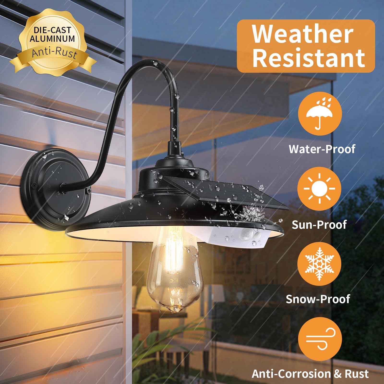 CRIRY Solar Barn Light, 3 Lighting Modes, Motion Sensor, IP65 Waterproof, Plastic, Black, 2-Pack, Model WL501