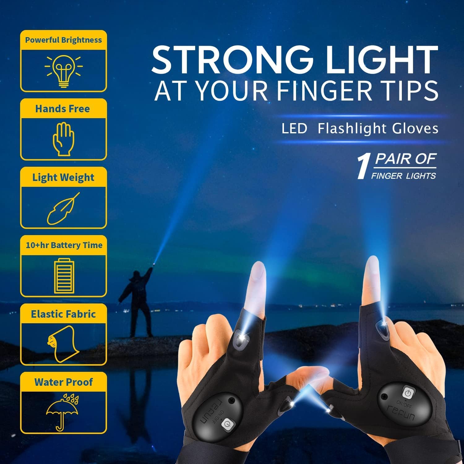 outlite LED Flashlight Gloves - One Size, Black - Unique Gifts for Dad, Boyfriend, Husband - Ideal for Camping, Fishing, Car Repair, Hiking