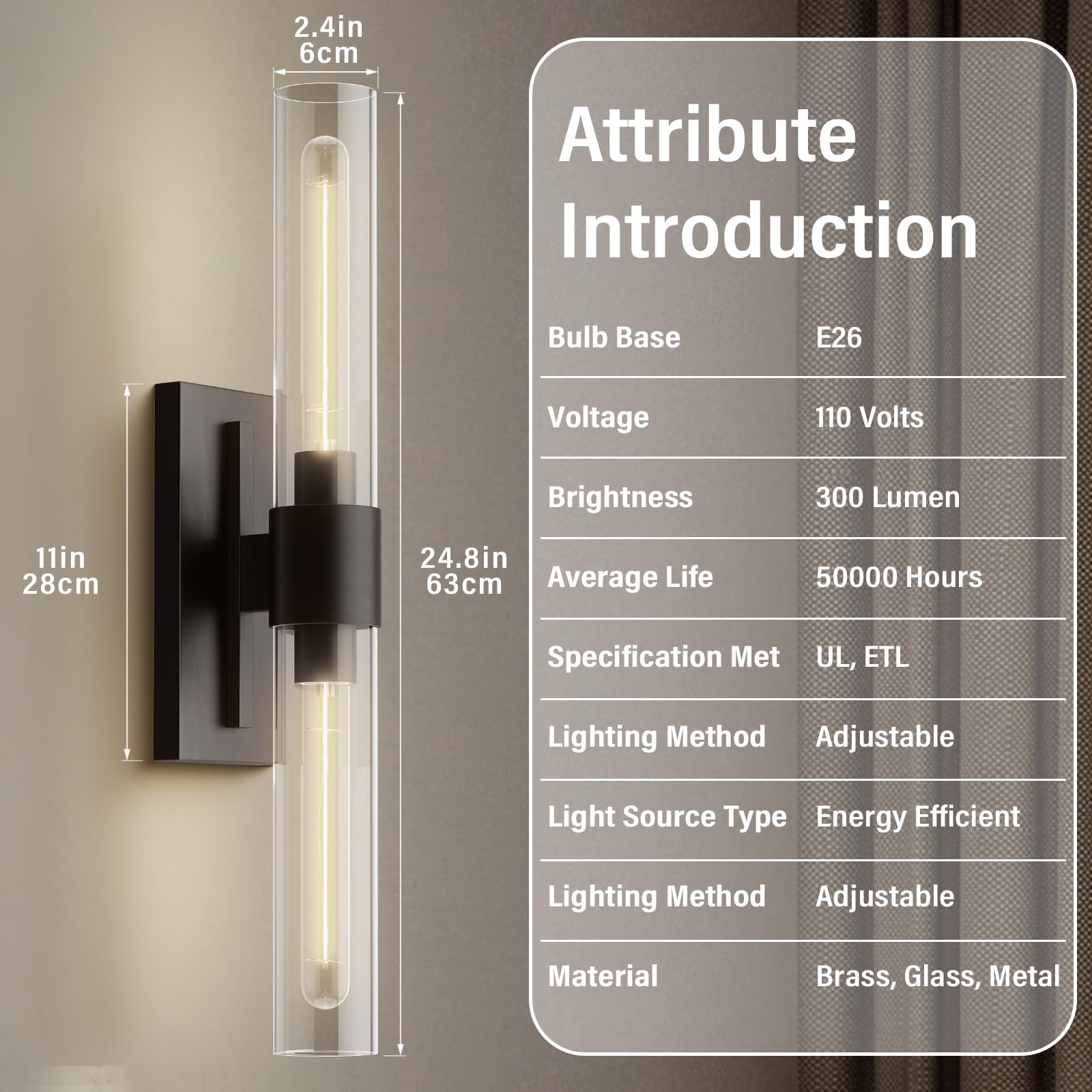 YUEXPAND Black Wall Sconce Lighting - Clear Glass Shade, Bathroom Vanity Fixture, Includes Bulb