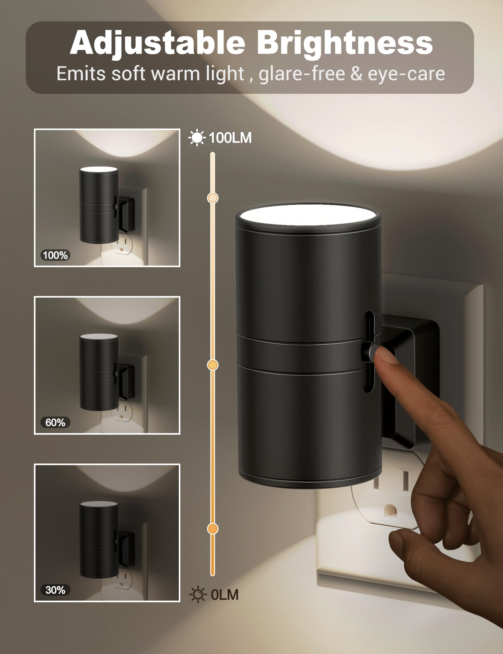 JandCase Dimmable Night Light Plug-in with Dusk to Dawn Sensor, Soft White 5000K, Adjustable Brightness, 2 Pack, White - Black Shade
