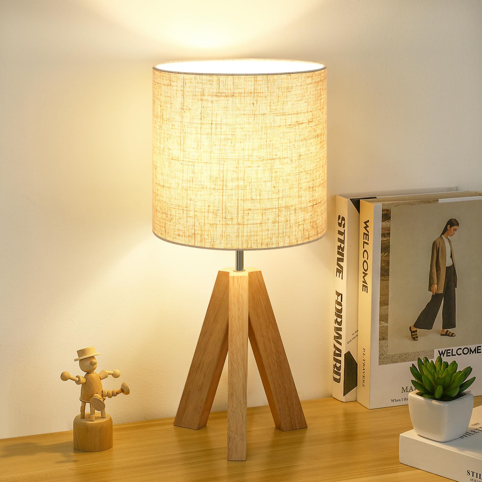 Small Table Lamp, Wooden Tripod Nightstand Lamp with Linen Fabric Shade, Cute Boho Modern Bedside Nightstand Lamp for Bedroom, L