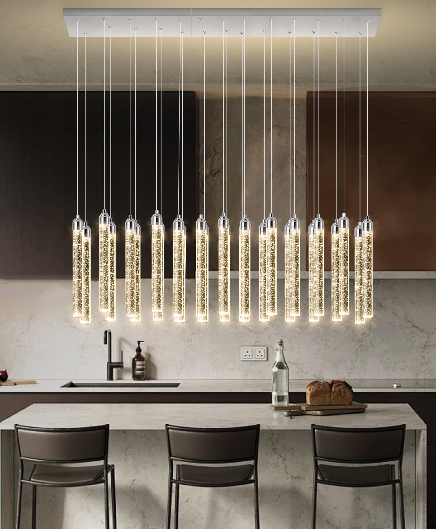Dolria Rectangular 26-Light LED Dimmable Chandelier Fixture, Silver Metal for Entryway, Living Room, Foyer, Hallway, Model PC0008-CT-26Y
