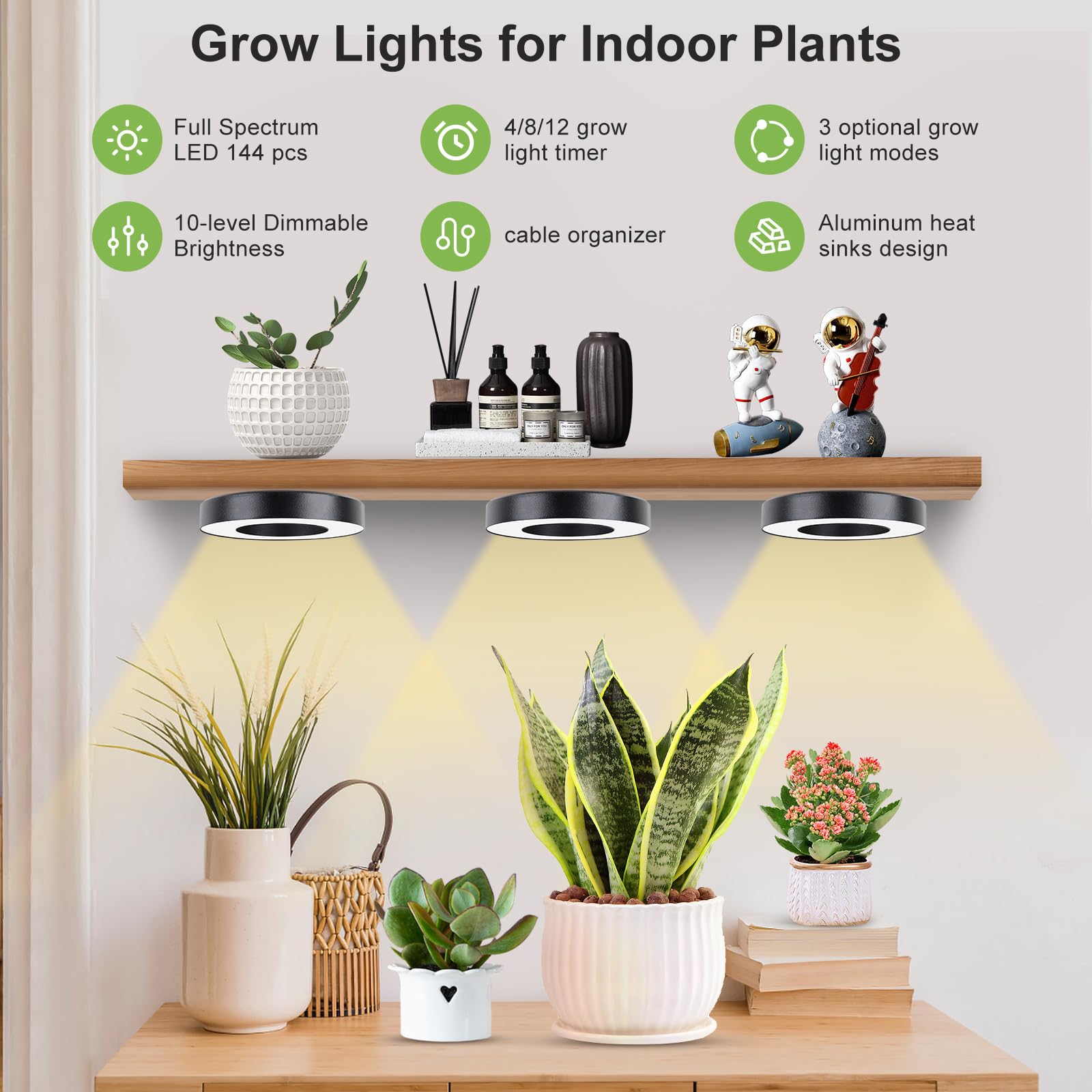 Aopeids 144 Led Grow Lights For Indoor Plants Full Spectrum 5000K, Upgraded 3 Lighting Modes, Plant Light With Auto On/Off Timer 4/8/12H, Halo Small Grow Light 10-Level Dimmable (Black, Tri Head)