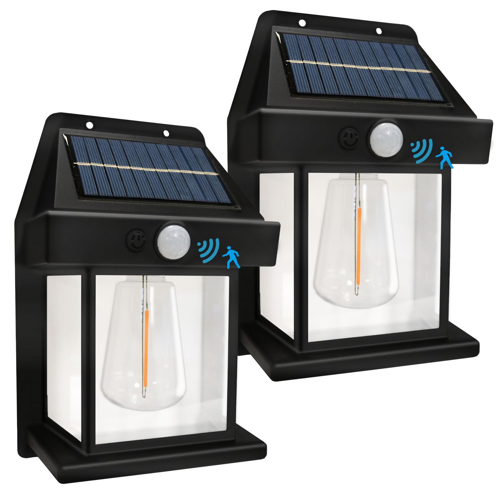 Mutois Solar Wall Lights Outdoor, 3 Modes & Motion Sensor, Waterproof Black Lantern, 2 Pack