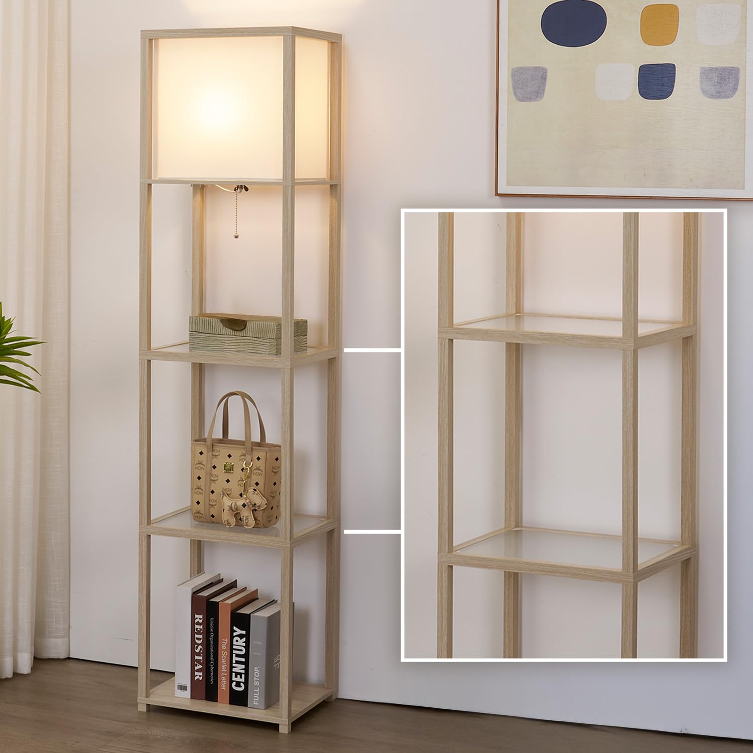 MITELSON Floor Lamp with Shelves, Modern Standing Lamp with Tempered Glass Shelves, Corner Display Shelf Lamp, Tall Lamps with S